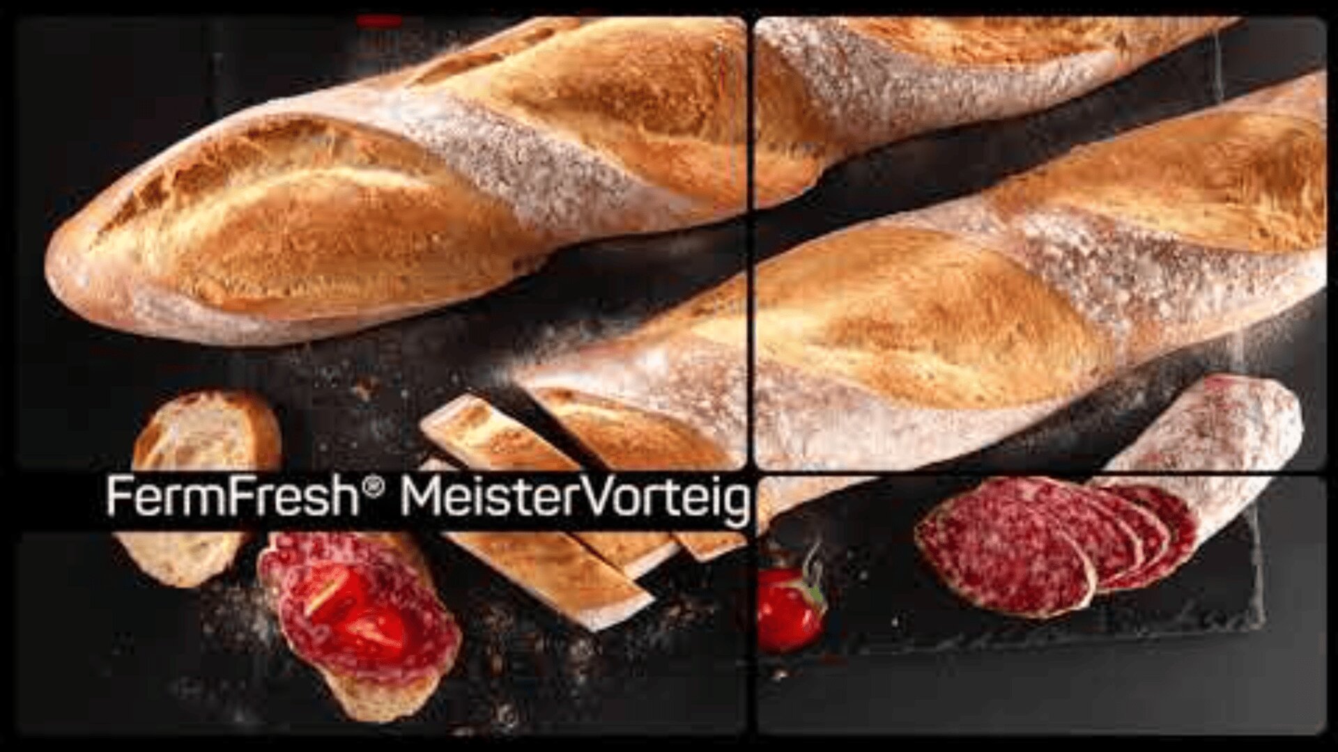 Two long baguettes, several bread slices, and pieces of salami are arranged on a black surface. One slice of bread is topped with sliced salami and a cherry tomato. The text FermFresh® MeisterVorteig is overlaid.
