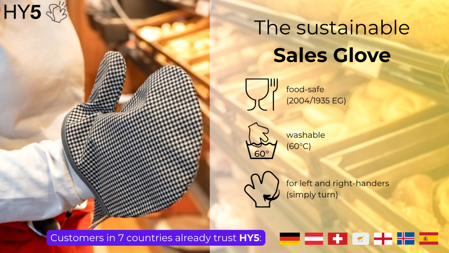 A hand wearing a black and white checkered oven glove holds a bakery tray. Text highlights the glove as sustainable, food-safe, washable at 60°C, ambidextrous, and trusted in 7 countries, with several national flags shown.