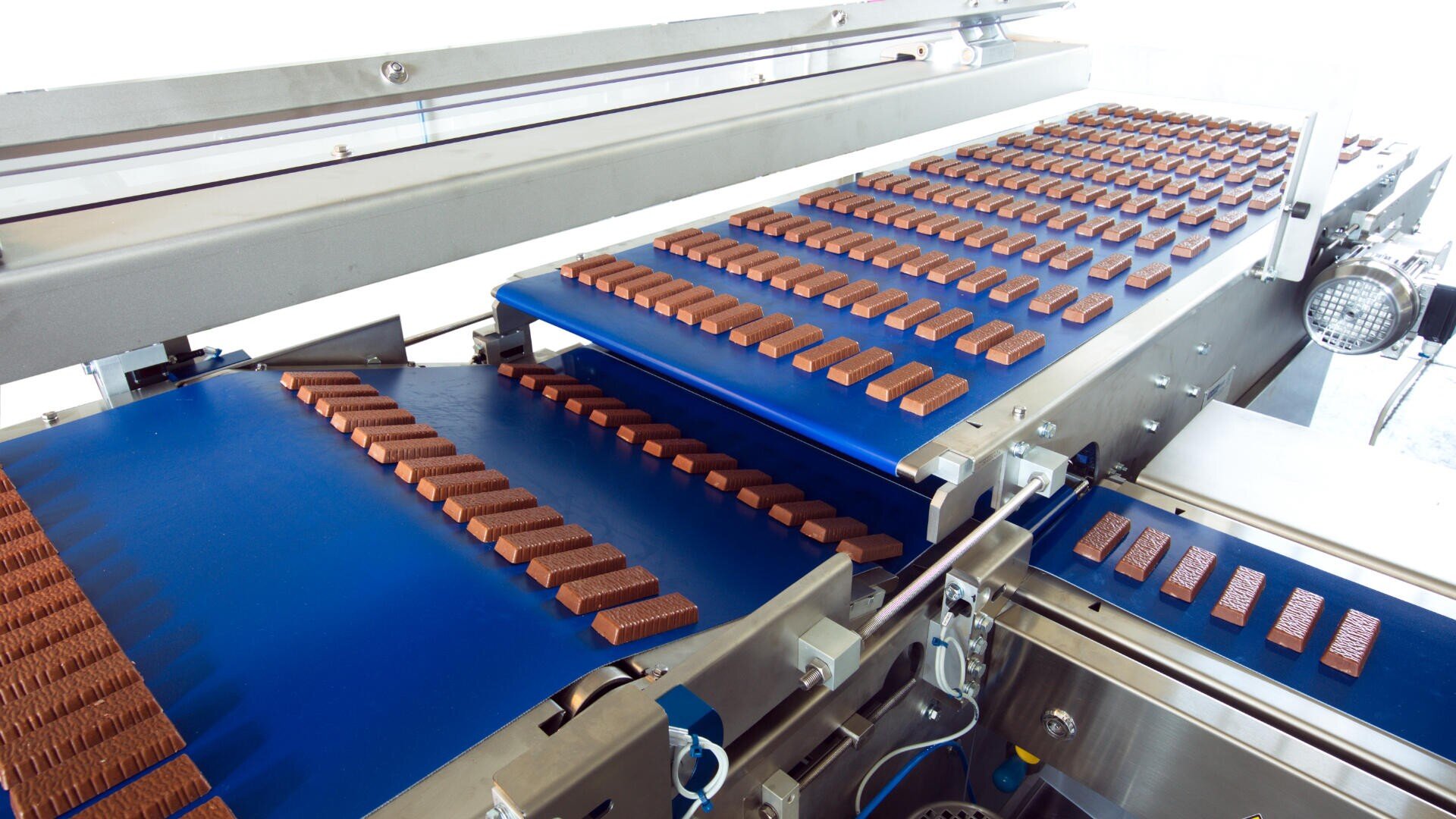 Rows of chocolate bars move along blue conveyor belts in a modern chocolate factory, as part of an automated production and packaging process.