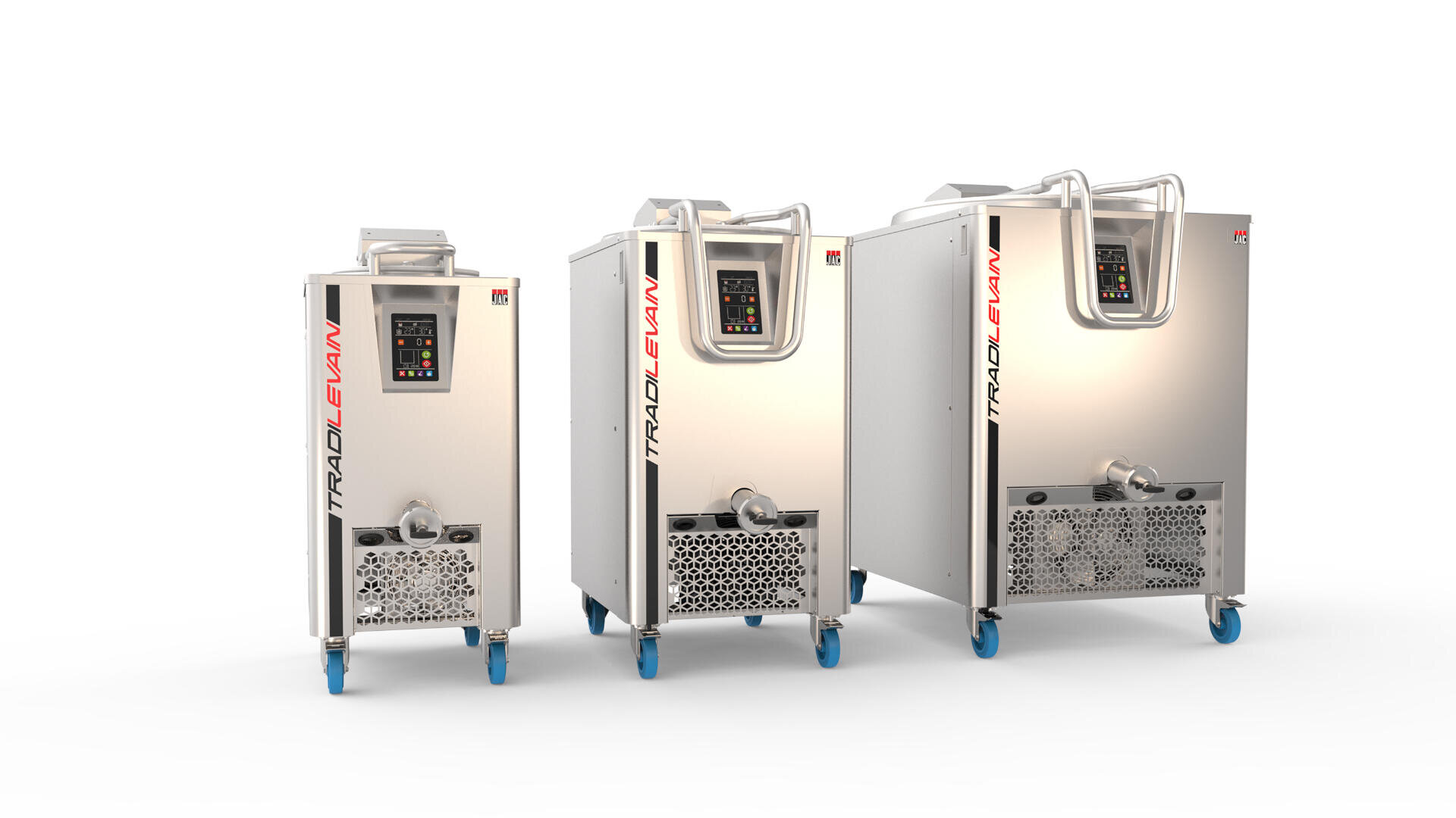 Three stainless steel industrial machines on blue wheels, each with a digital control panel and labeled TradiGelam, are shown against a white background. The machines are arranged from smallest to largest.