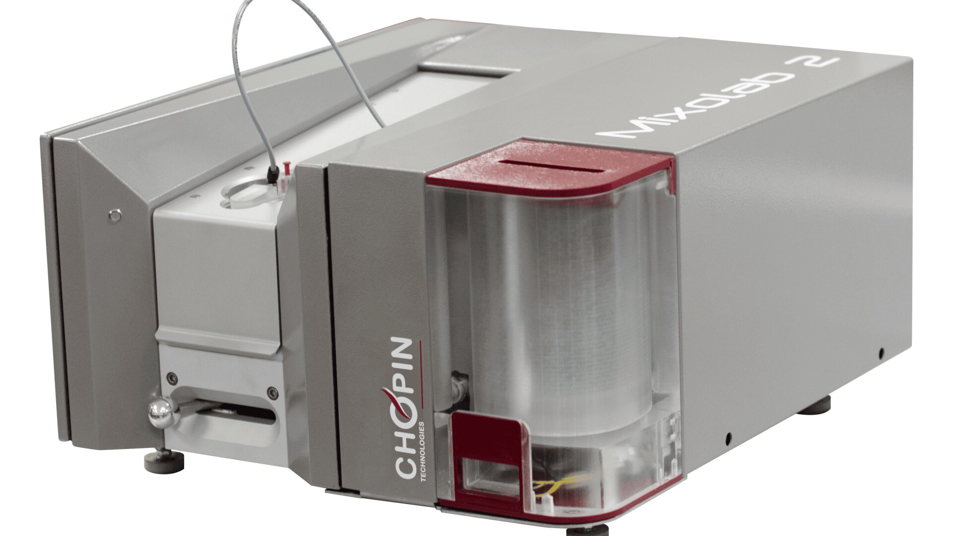 A laboratory instrument labeled Mixolab 2 by CHOPIN analyzes dough properties, featuring a transparent cylindrical chamber and control panel on a rectangular gray and red device.
