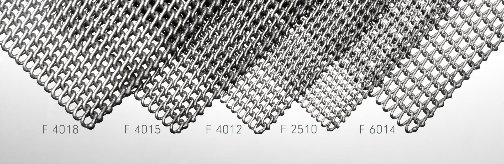 Nahaufnahme von fünf hängenden Metallgitterketten, jede unten mit Codes beschriftet: F 4018, F 4015, F 4012, F 2510 und F 6014 vor einem schlichten weißen Hintergrund.