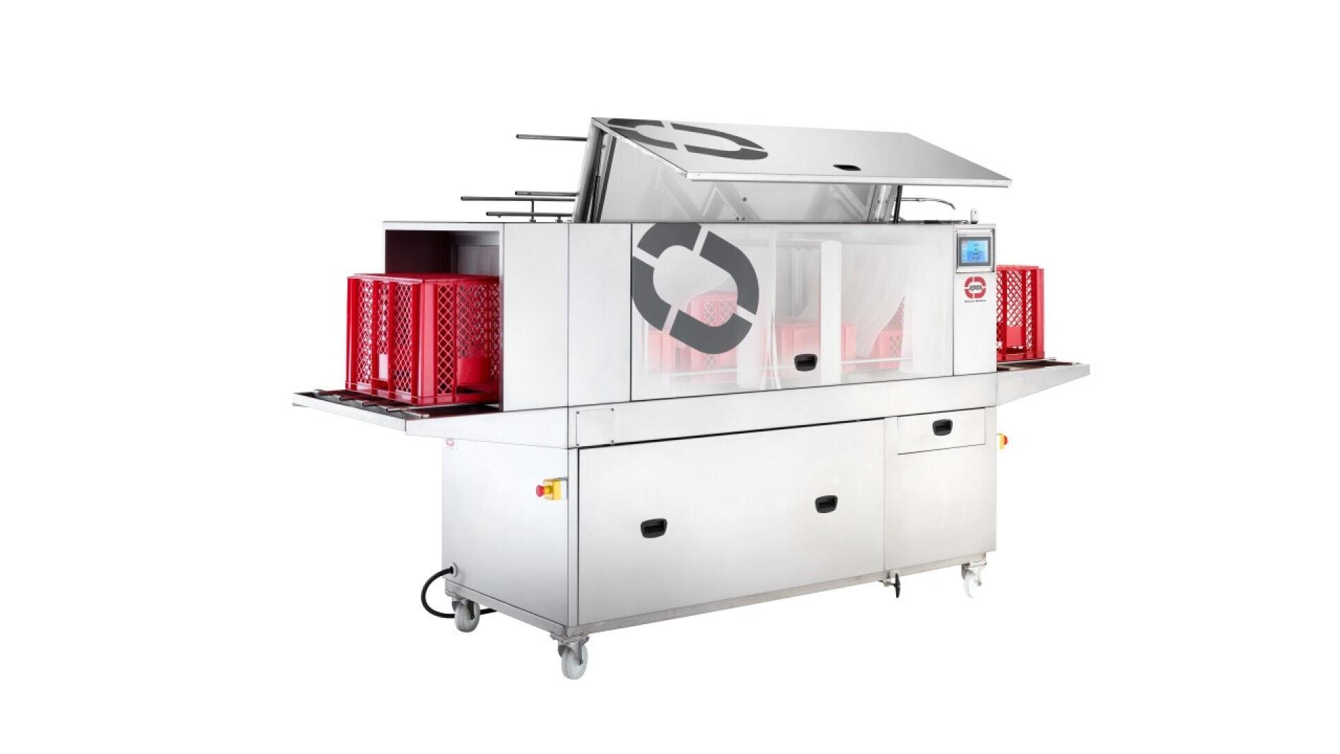 A large industrial stainless steel dishwashing machine with a lifted top cover, red racks on both sides, control panel, and wheels for mobility, isolated on a white background.