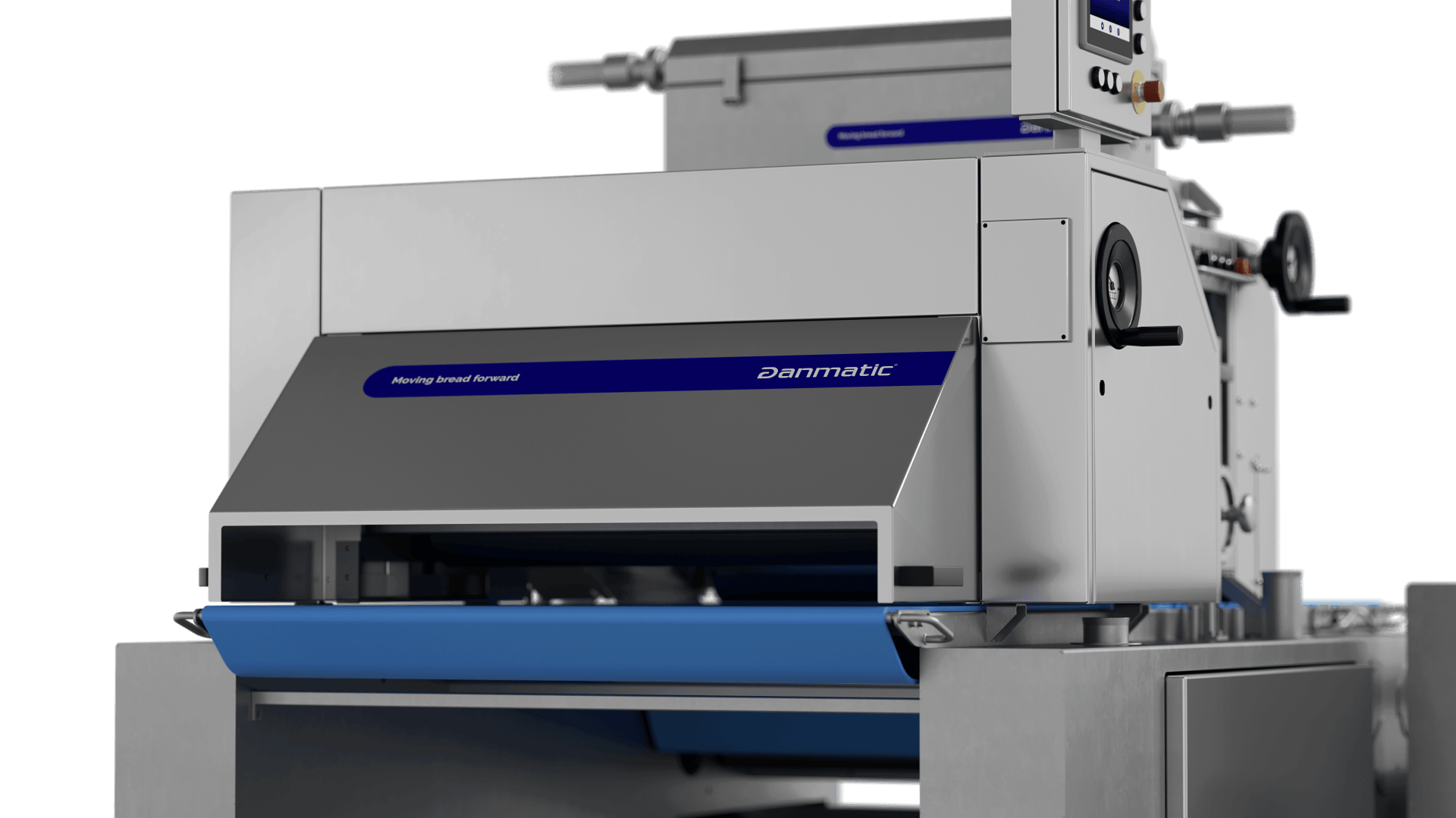 Close-up of a large industrial food processing machine with a blue conveyor belt and control panel, labeled “Danmatic.” The machine appears clean and modern, designed for automated production or packaging.