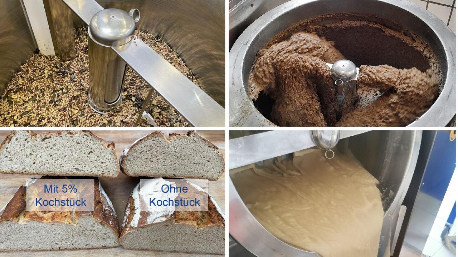 Eine Collage zeigt das Mischen von Brotteig, Nahaufnahmen der Teigbeschaffenheit und zwei Brotscheiben mit der Aufschrift Mit 5% Kochstück und Ohne Kochstück zum Vergleich.
