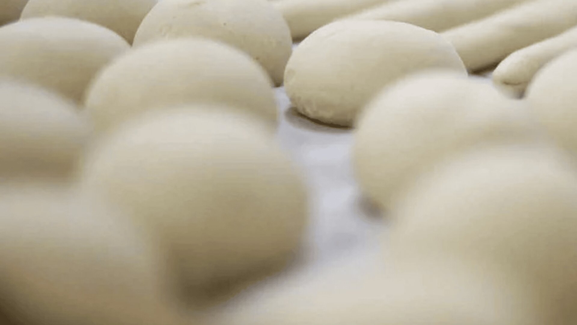 Runde Kugeln und längliche Formen aus rohem Teig sind auf einer flachen Oberfläche angeordnet, bereit zum Backen. Das Bild ist weich fokussiert und hebt die glatte Textur des Teigs hervor.