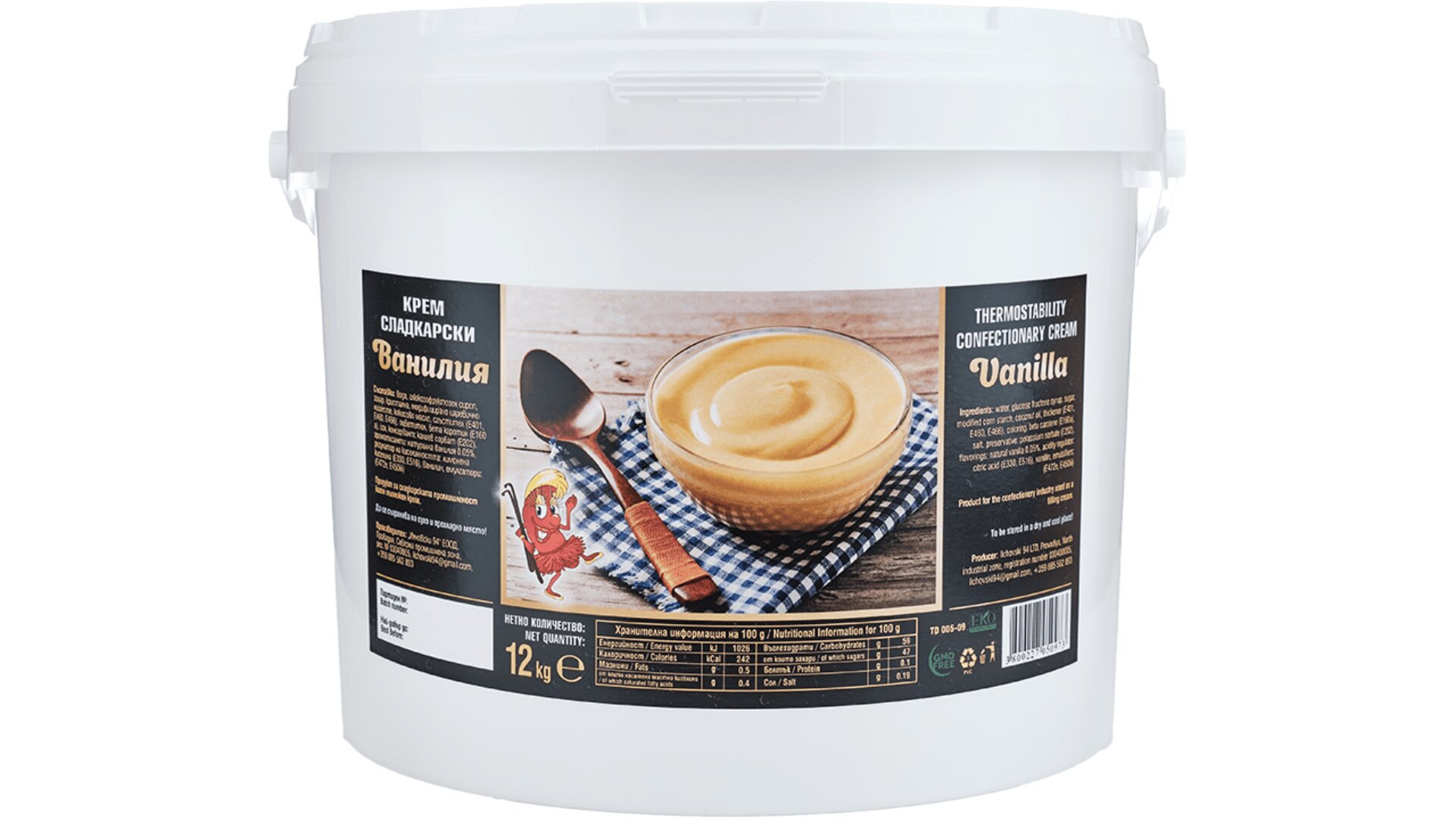 A large white plastic tub with a label showing a bowl of vanilla cream, a spoon, and text in Russian and English. The label indicates the product is vanilla-flavored cream, weighing 12 kg.