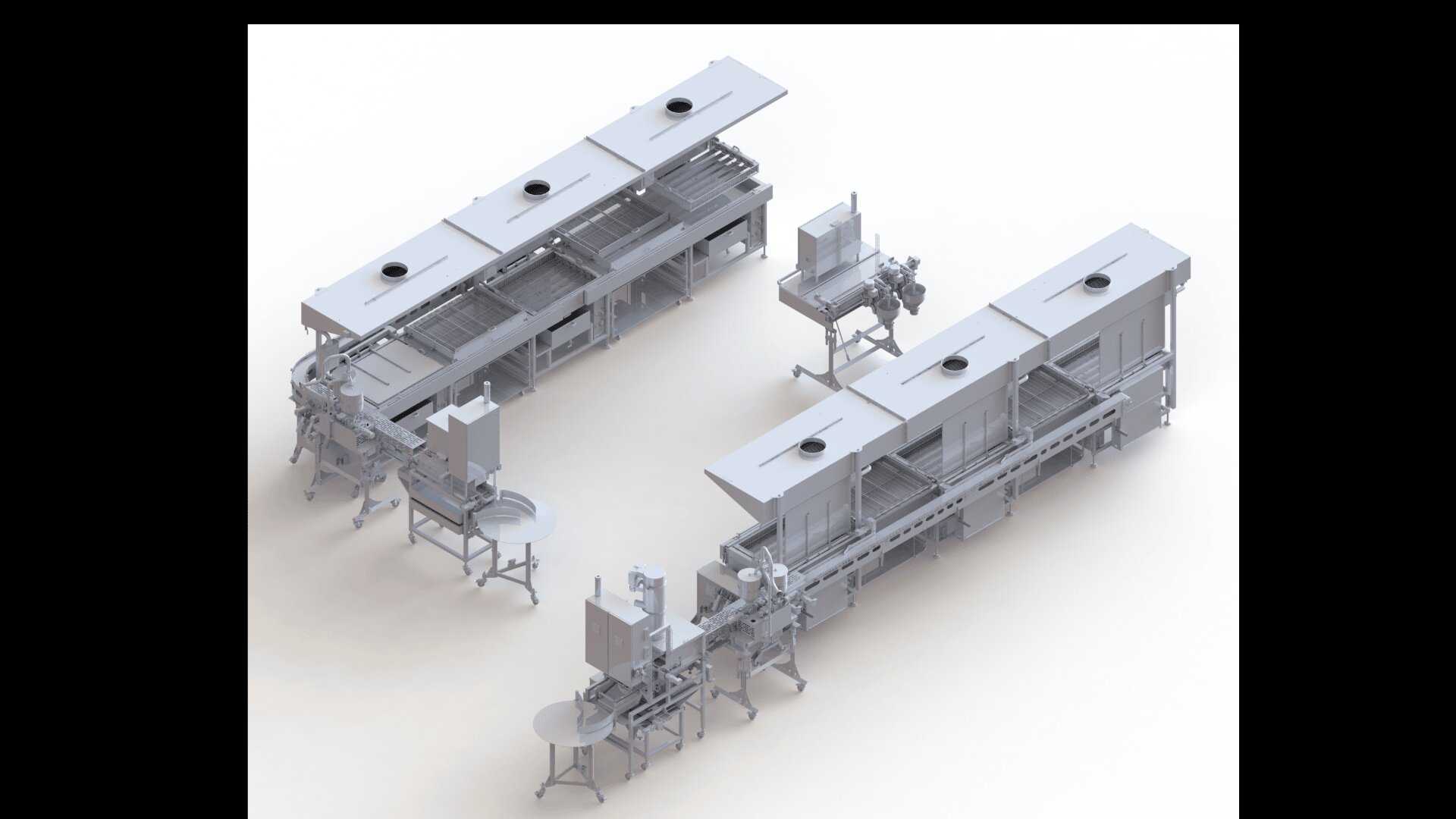 Silberne Maschinen für die industrielle Lebensmittelverarbeitung, angeordnet in zwei U-förmigen Fördersystemen, jeweils mit abgedeckten Abschnitten und angeschlossenen runden Tischen, auf weißem Hintergrund.