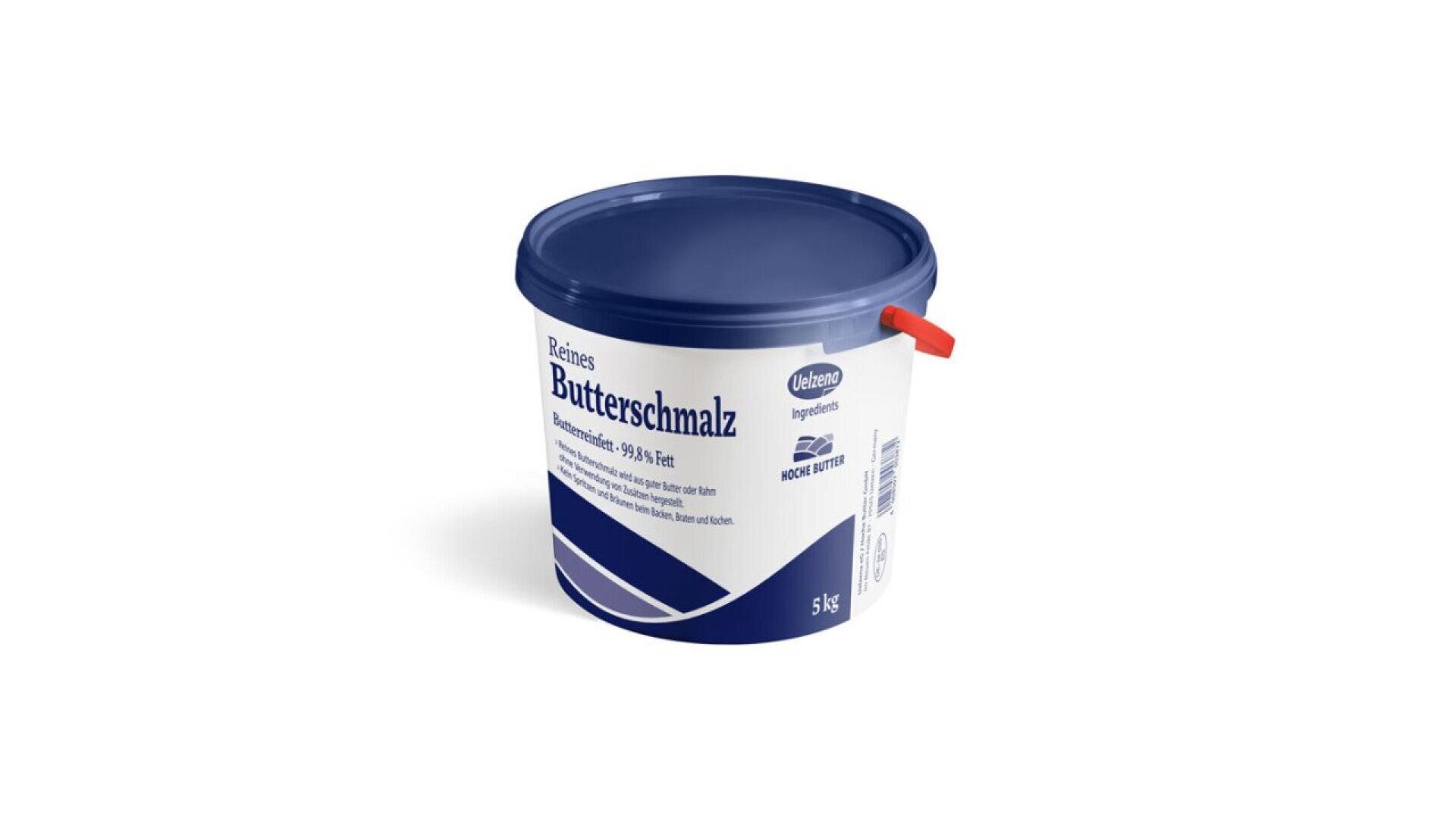 A 5-kg white and blue plastic tub of Butterschmalz (clarified butter) with a blue lid and red pull tab, featuring German text and the brand name Butaris.