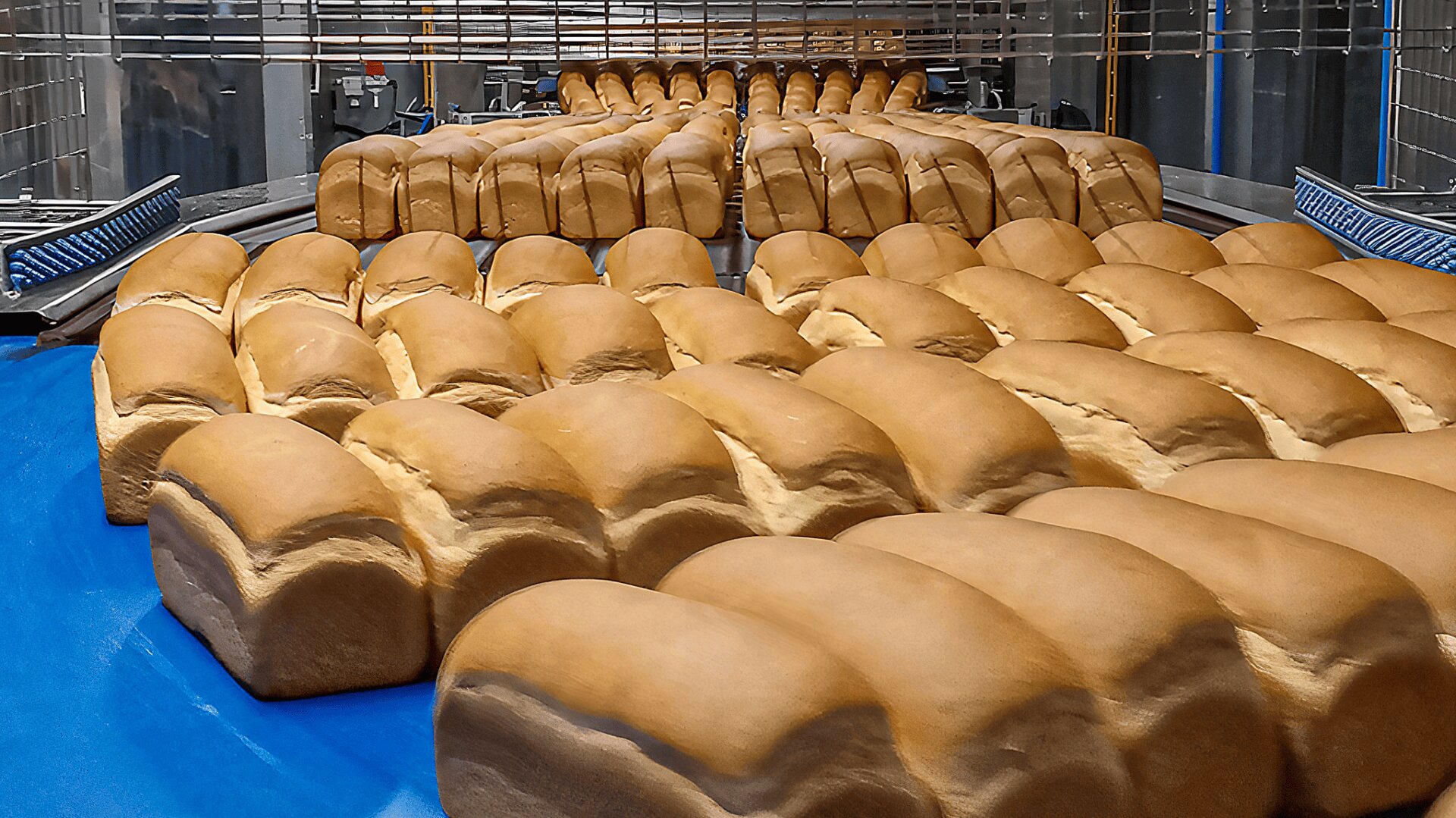 Rows of freshly baked loaves of bread sit on a blue conveyor belt in an industrial bakery setting, ready for packaging or further processing.