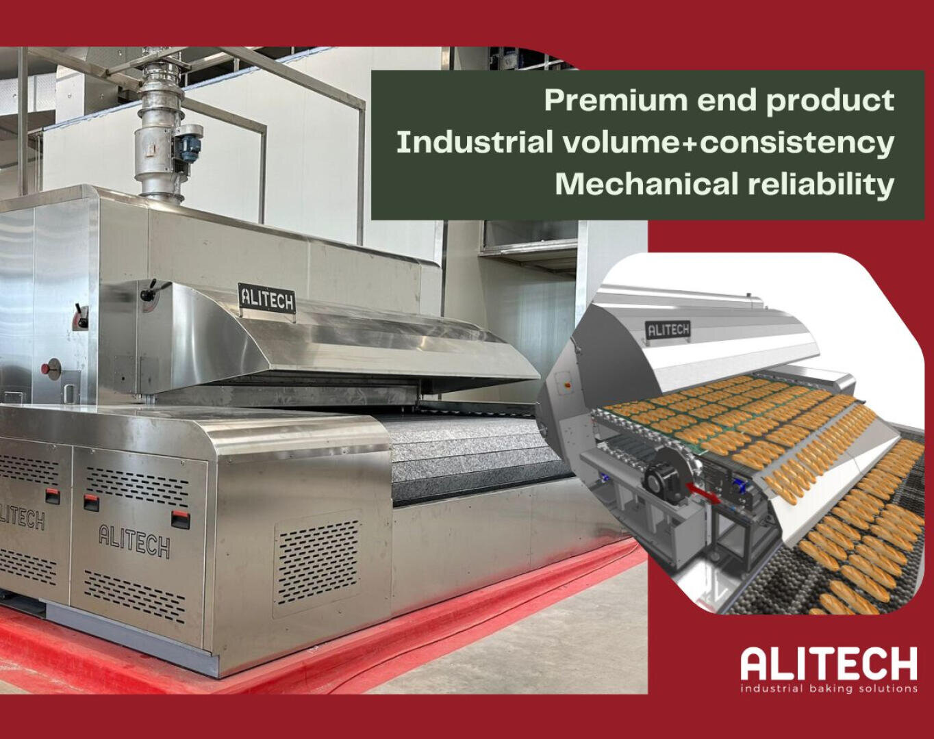 A large industrial ALITECH baking machine in a factory, with an inset diagram showing baked goods moving on a conveyor. Text highlights premium product quality, consistency, and mechanical reliability.