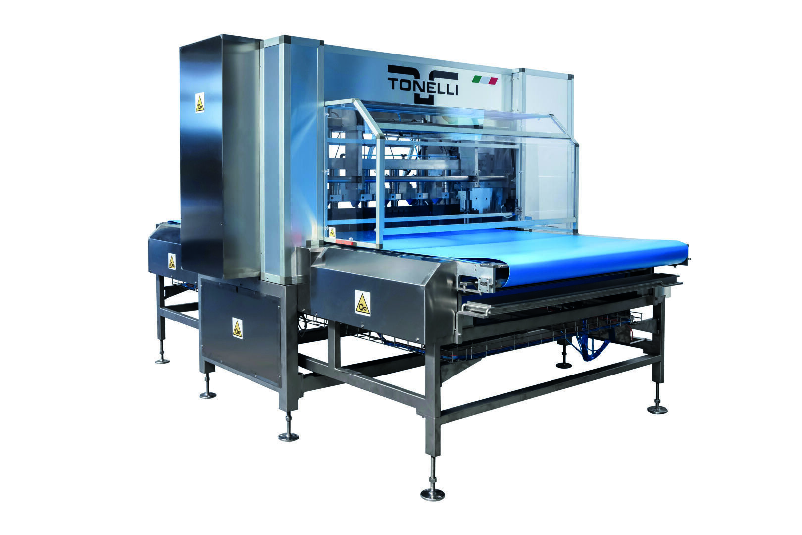 Eine große industrielle Tonelli-Maschine mit blauem Förderband und Metallrahmen, die in der Lebensmittelverarbeitung oder -herstellung verwendet wird, auf weißem Hintergrund.