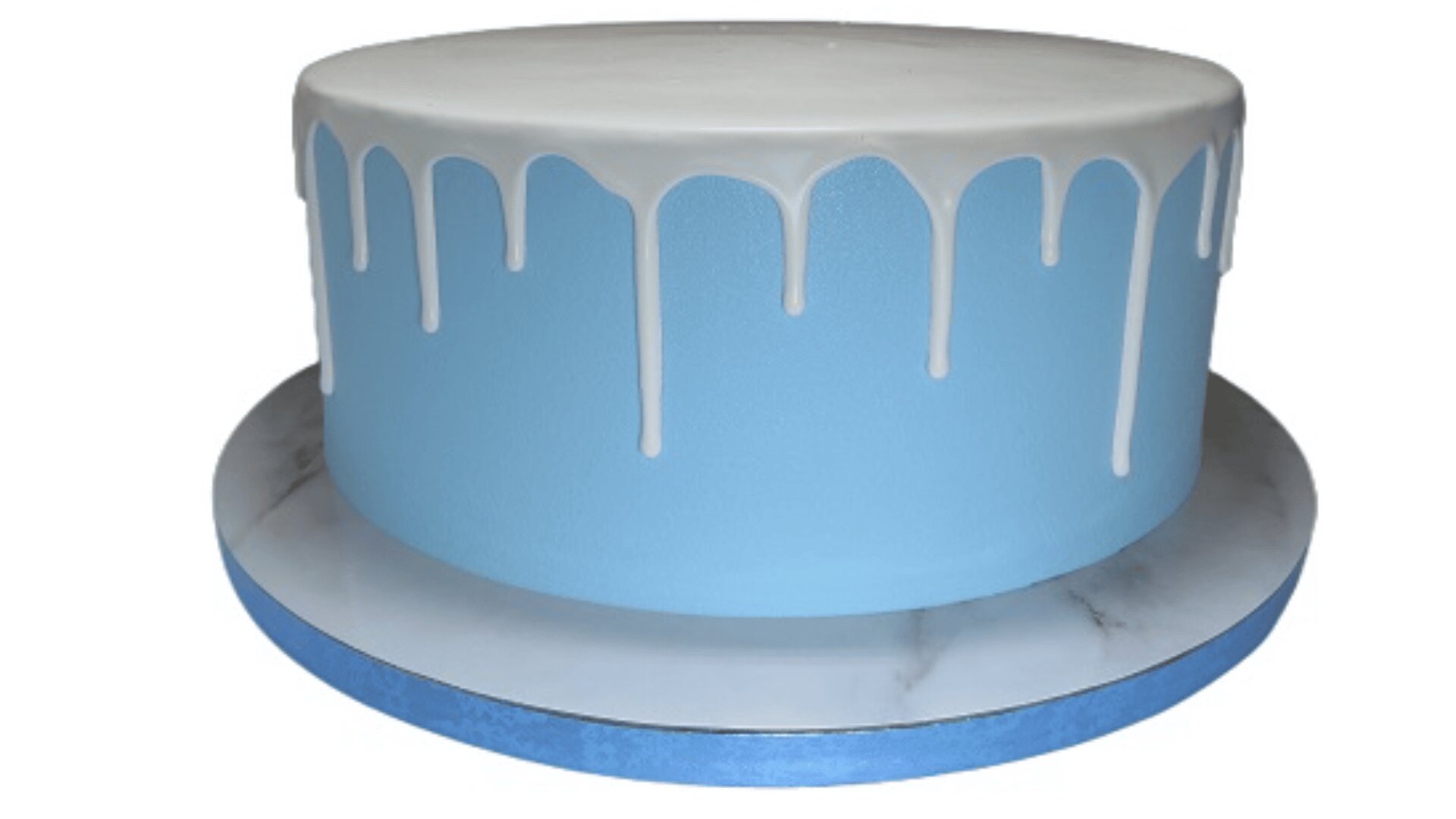 A round cake with smooth blue frosting and white drip icing along the top edge, sitting on a marble-patterned cake board.
