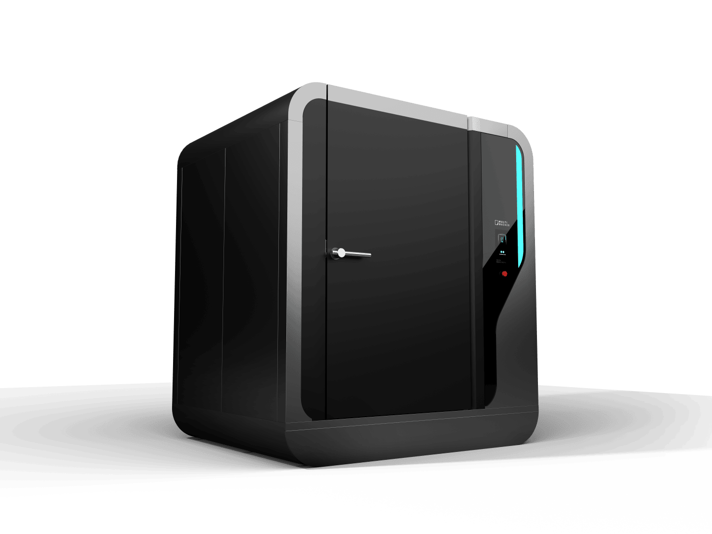 Eine elegante, moderne, schwarze Schallschutzkabine mit abgerundeten Kanten und einer Tür mit einem vertikalen, blau beleuchteten Streifen und einem Bedienfeld auf der rechten Seite. Die Kabine steht vor einem schlichten Hintergrund.