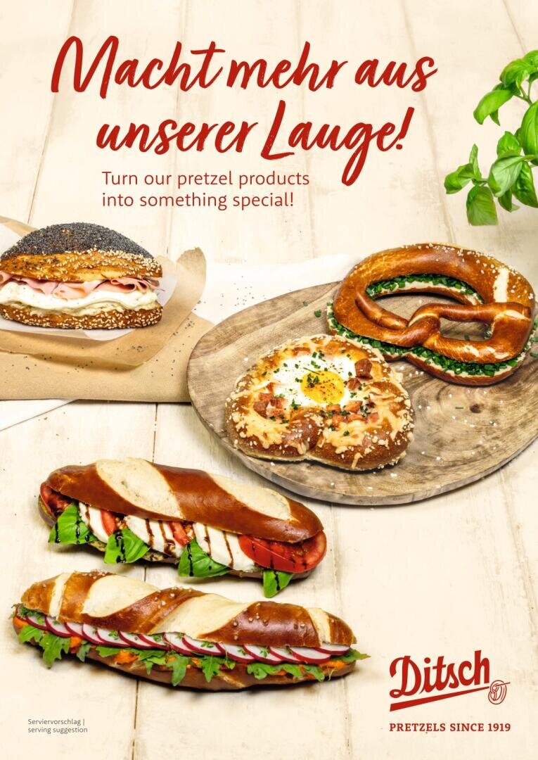 Several types of pretzel sandwiches are displayed on wooden boards, filled with meats, cheese, and vegetables. Text in German and English encourages making more from pretzels. Ditsch logo and “Pretzels since 1919” appear below.