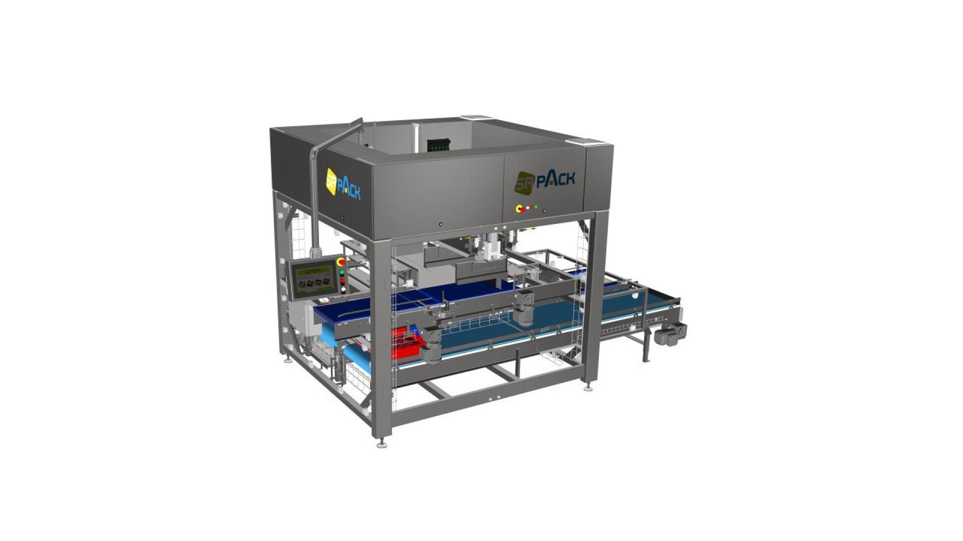 A large industrial packaging machine with a conveyor belt system, metal frame, control panel, and the label rPack on the side, designed for automated handling or packaging of items.