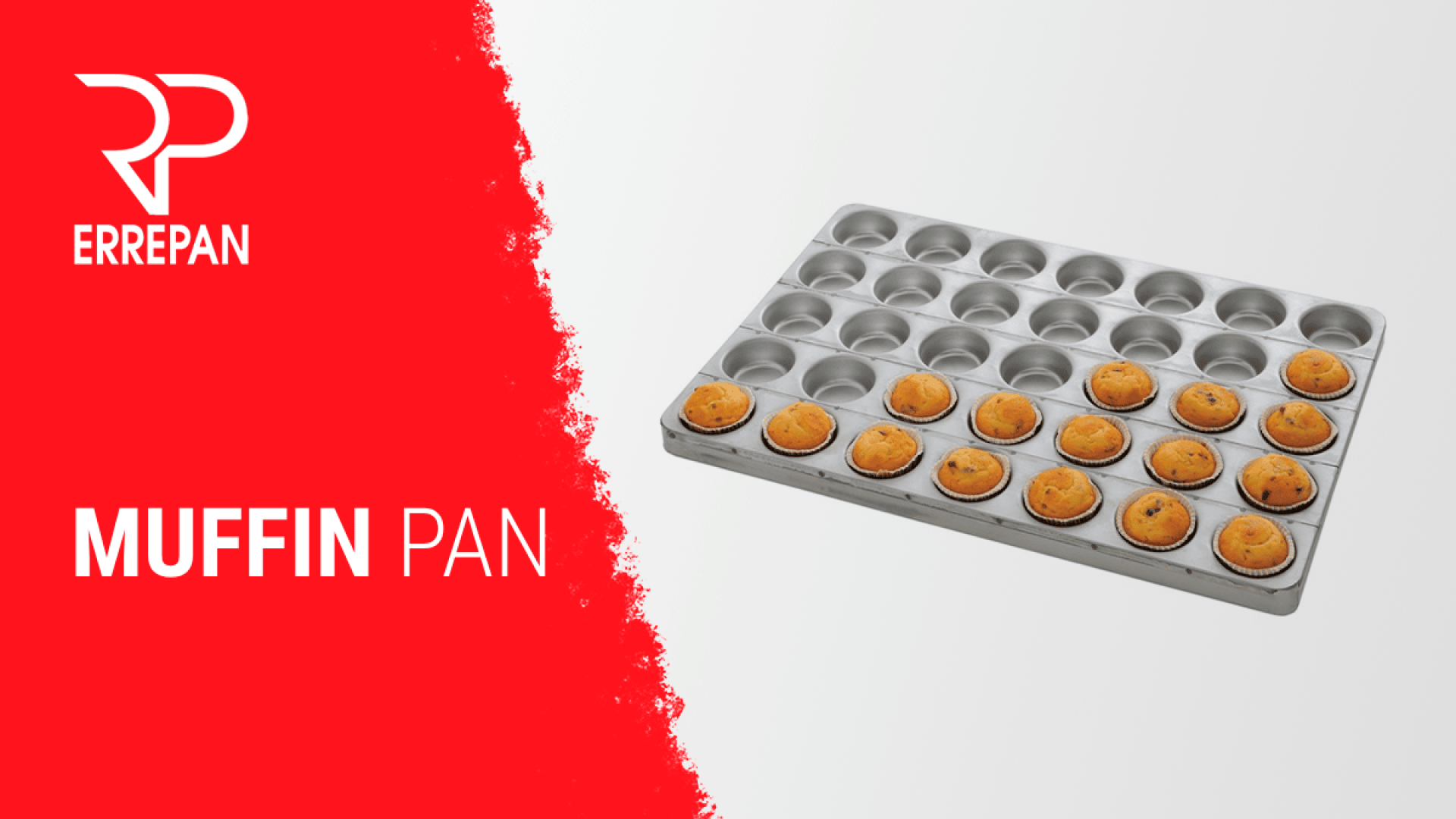 A large silver muffin pan holding several baked muffins, displayed on a white and red background with the text MUFFIN PAN and the brand ERREPAN logo on the left side.