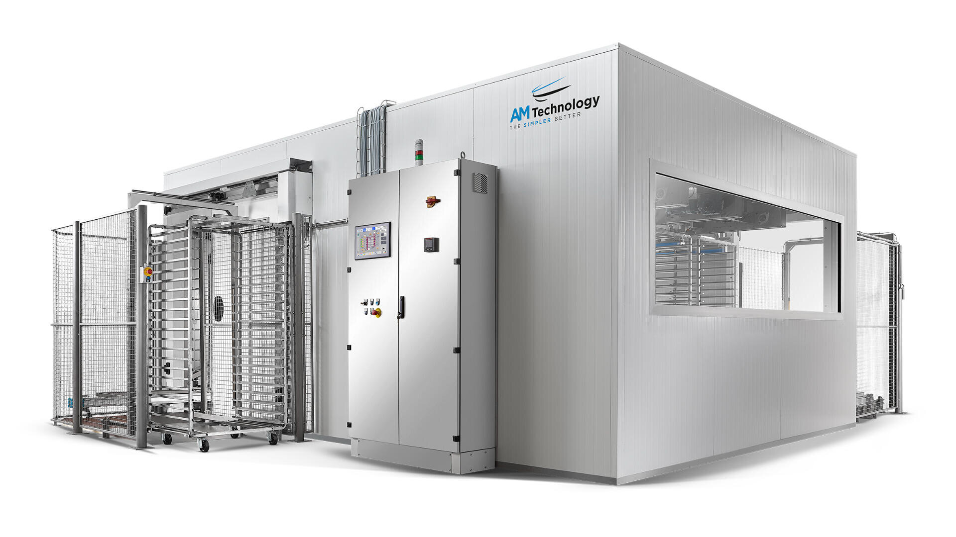 A large industrial machine with a metal control panel, labeled AM Technology, featuring steel fencing, a window, and modern manufacturing equipment inside a white, clean enclosure.