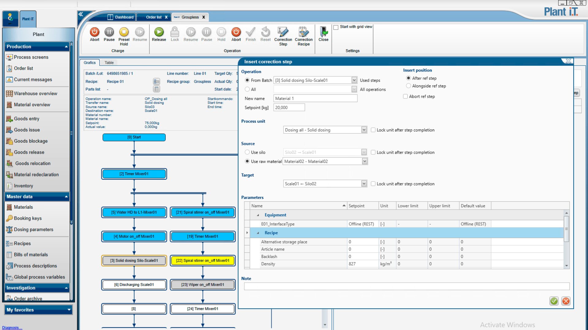 Screenshot einer industriellen Softwareoberfläche, die ein Workflow-Diagramm, Dateneingabeformulare und Tabellen zur Verwaltung von Produktionsprozessen, Aufgaben und Materialfluss in einem Anlagenmanagementsystem namens Plant iT zeigt.