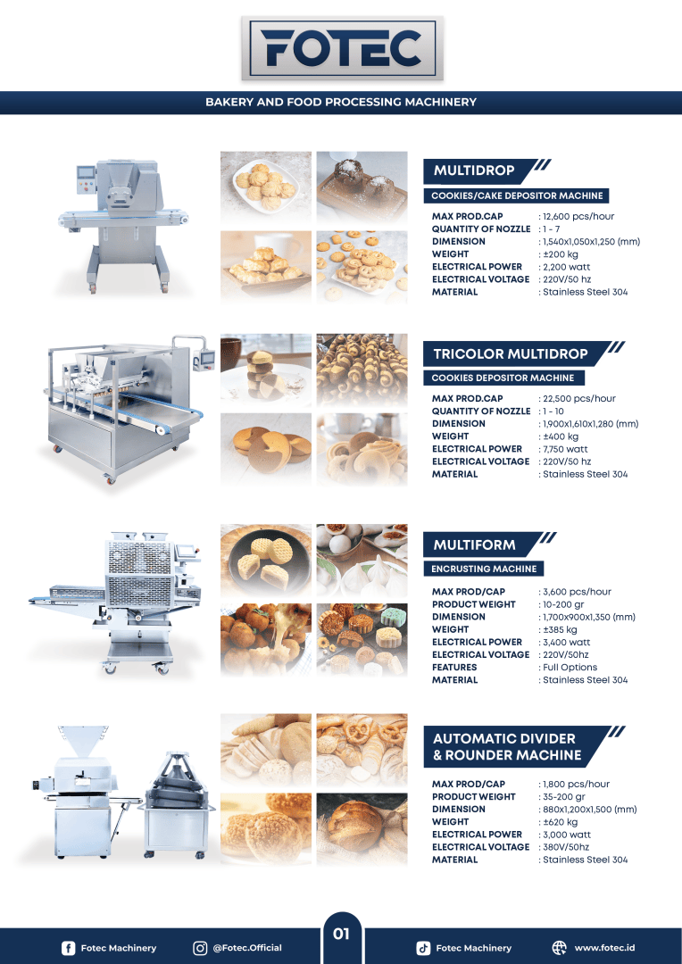 Eine Produktkatalogseite für FOTEC Bäckerei- und Lebensmittelverarbeitungsmaschinen, die vier verschiedene Maschinen mit Fotos, Spezifikationen und Backwarenbeispielen für jede Maschine vor einem weißen und blauen Hintergrund zeigt.