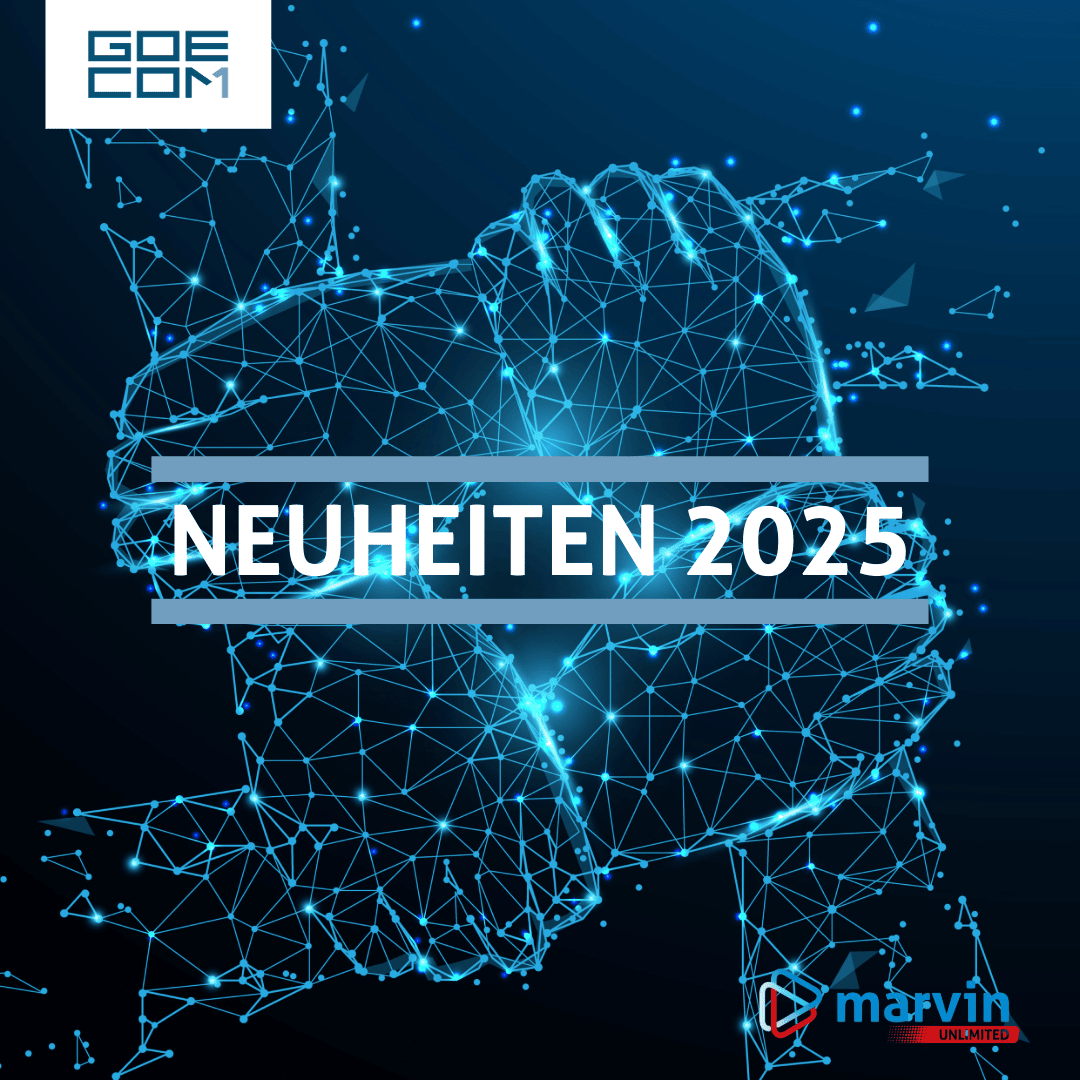 Digitale Illustration von vier Händen aus blau leuchtenden Linien, die sich zu einem Quadrat zusammenfügen. In der Mitte erscheint der Text NEUHEITEN 2025. In den Ecken sind die Logos von GOECOM und marvin zu sehen.