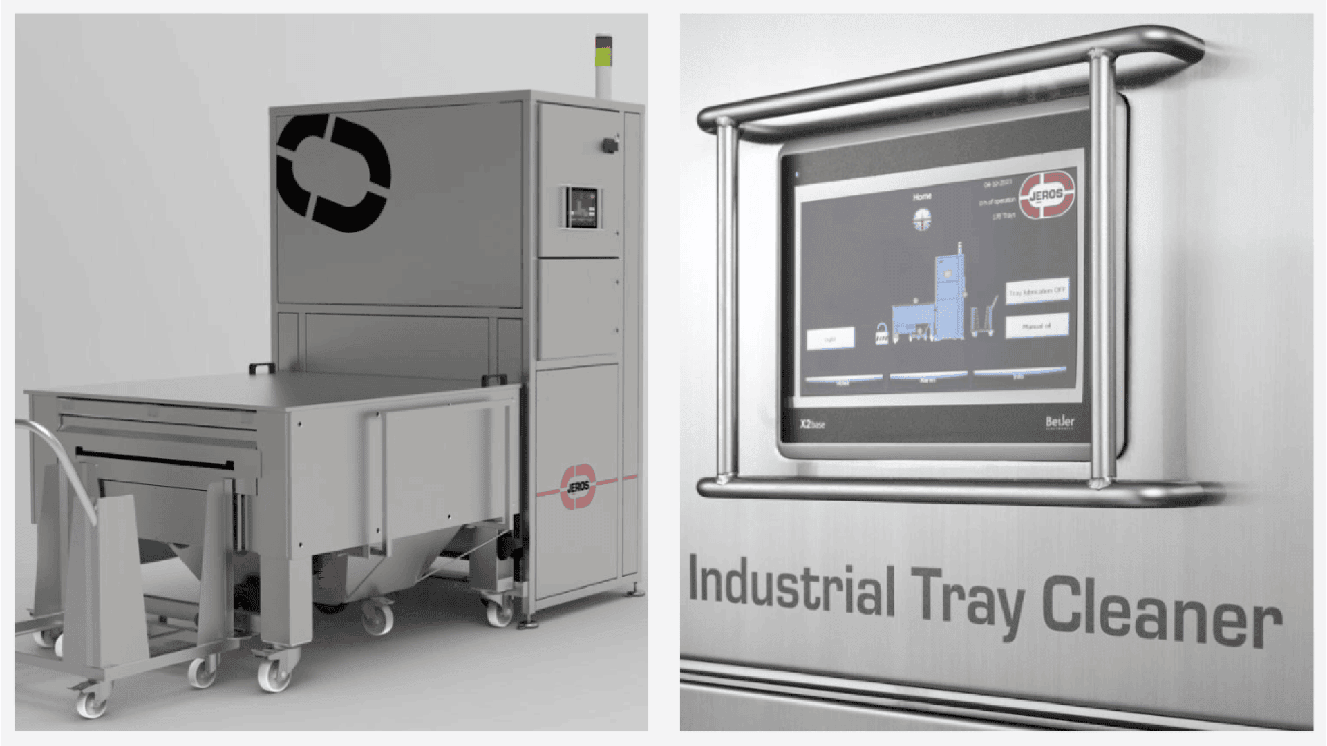 A split image showing an industrial tray cleaning machine on the left and a close-up of its touchscreen control panel labeled Industrial Tray Cleaner on the right.