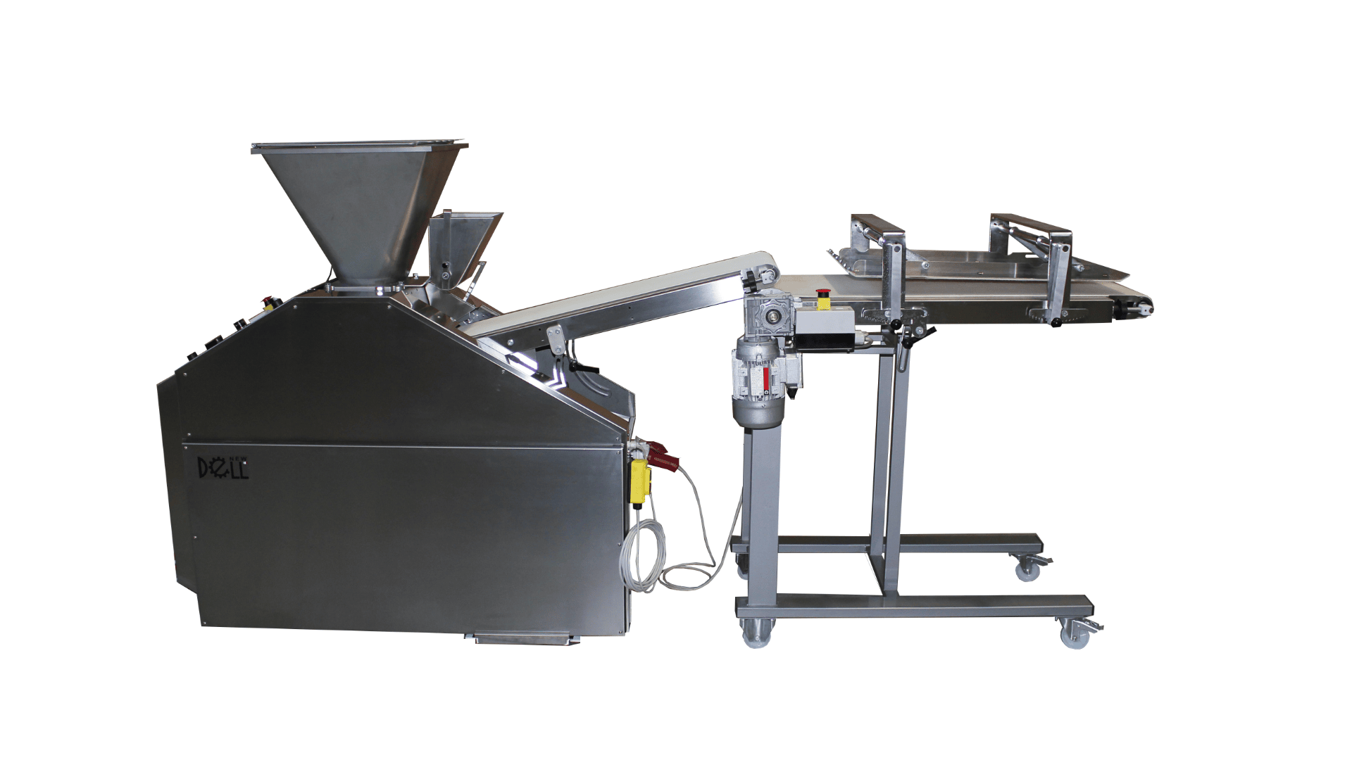 A stainless steel industrial food processing machine with a large hopper, conveyor belt, and movable trays on wheels, isolated on a white background.
