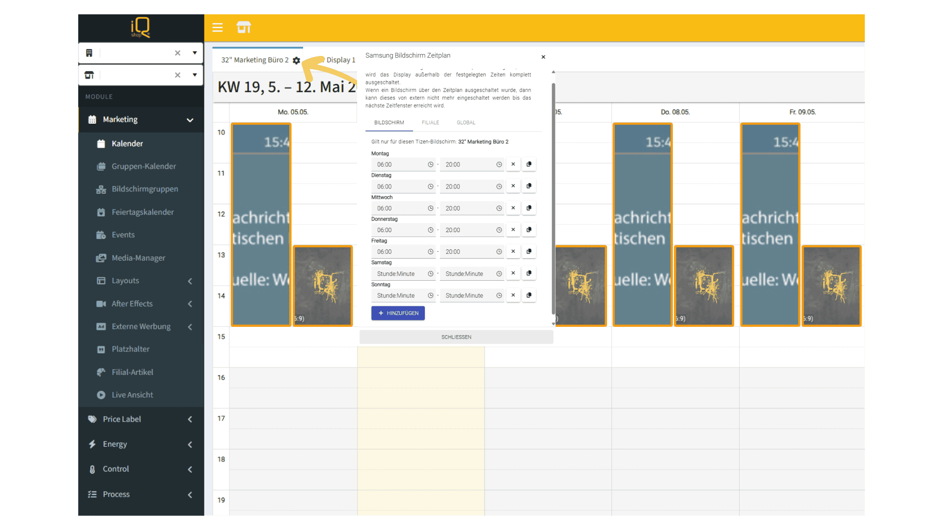 A digital calendar interface with a pop-up window displaying scheduling details. Several events are highlighted in blue and orange in the weekly view. A sidebar on the left lists categories and menu options.