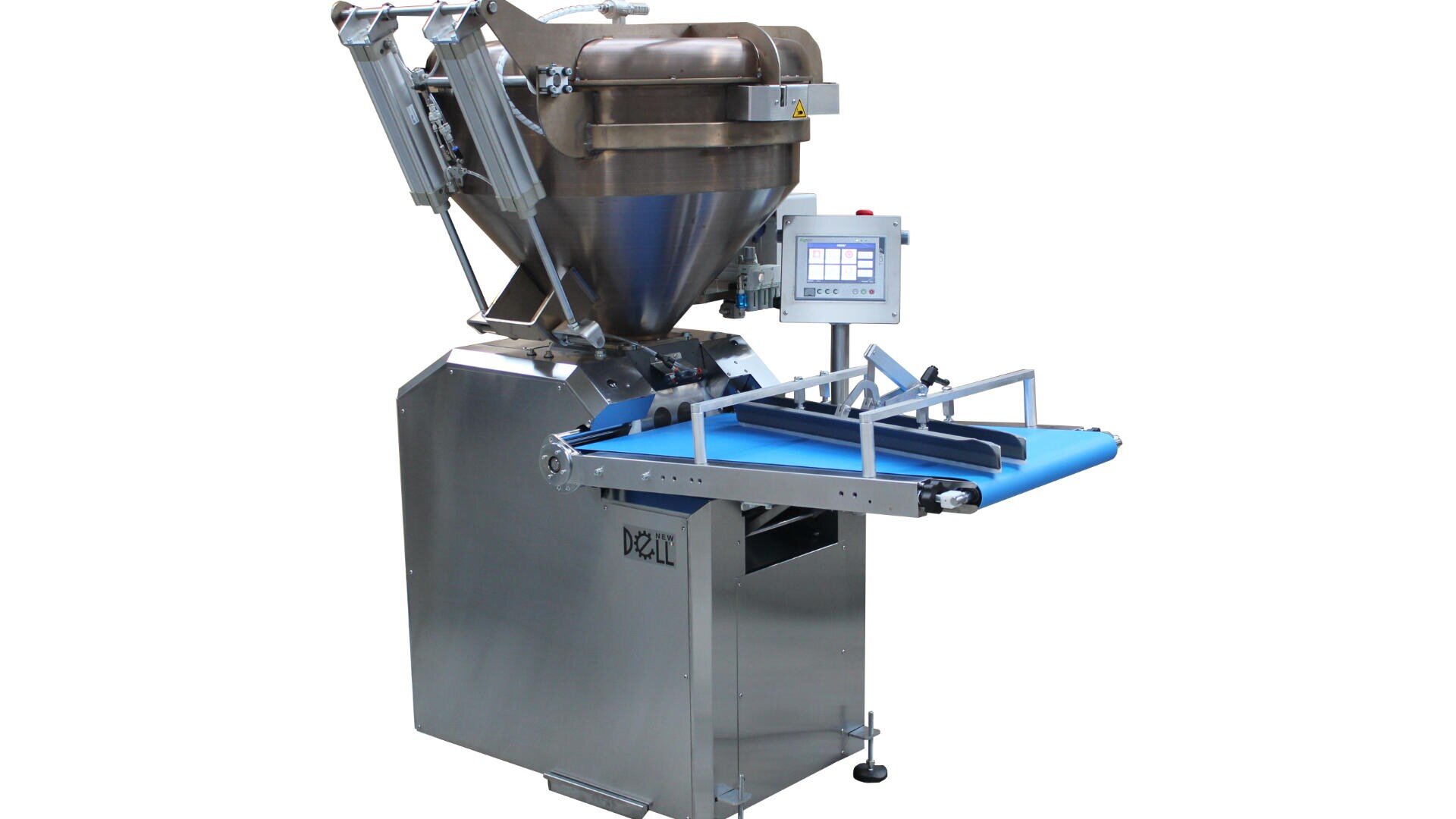 A stainless steel industrial food processing machine with a control panel and a blue conveyor belt, designed for automated portioning or depositing tasks in food production.