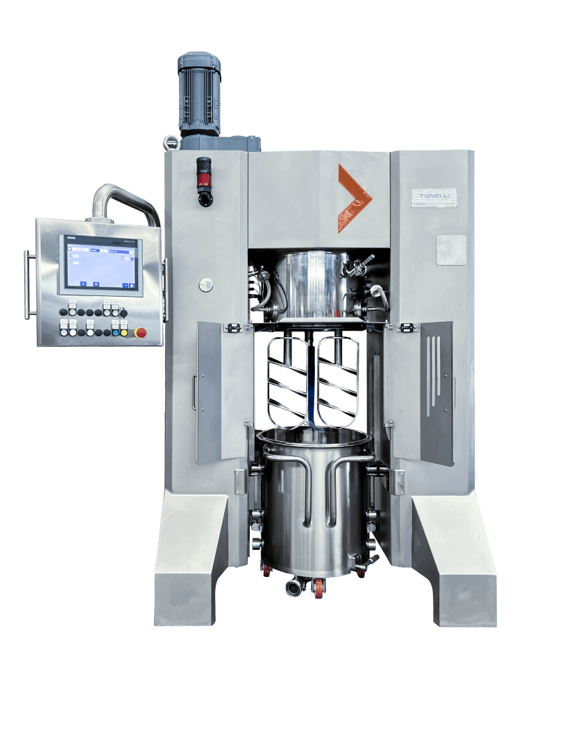 Industrieller Mischer aus rostfreiem Stahl mit digitalem Bedienfeld und Mischflügeln in einer offenen Kammer, entwickelt für die Verarbeitung und das Mischen von Materialien in der Produktion.