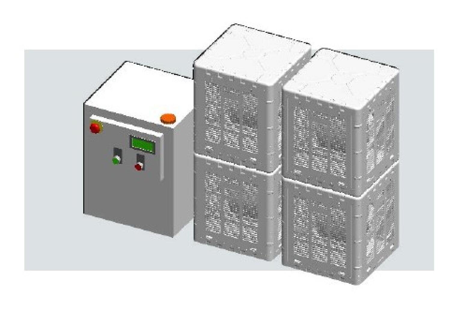 A digital rendering shows a control panel with buttons and display next to four stacked metal mesh crates arranged in two rows.