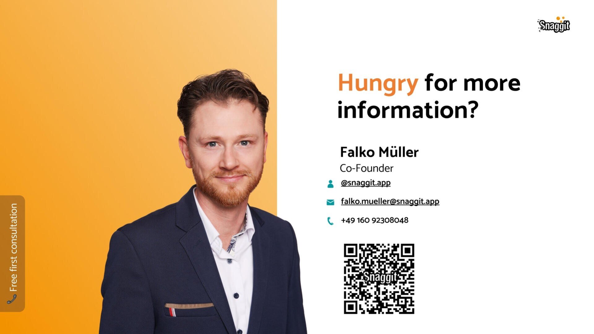 A man with short brown hair and a beard stands against a yellow and white background. Text reads Hungry for more information? and shows Falko Müller’s contact details, a QR code, and a banner for a free first consultation.