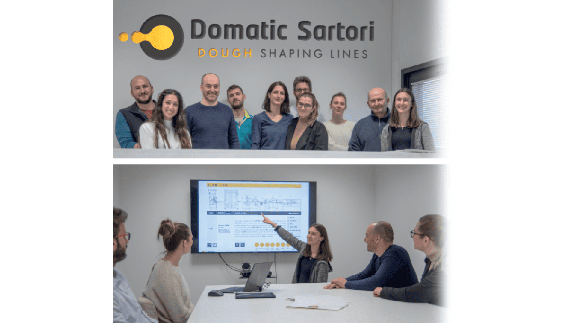 A group of people stands smiling in front of a wall with the Domatic Sartori Dough Shaping Lines logo; below, several colleagues sit around a table as a woman points to a presentation on a large screen.