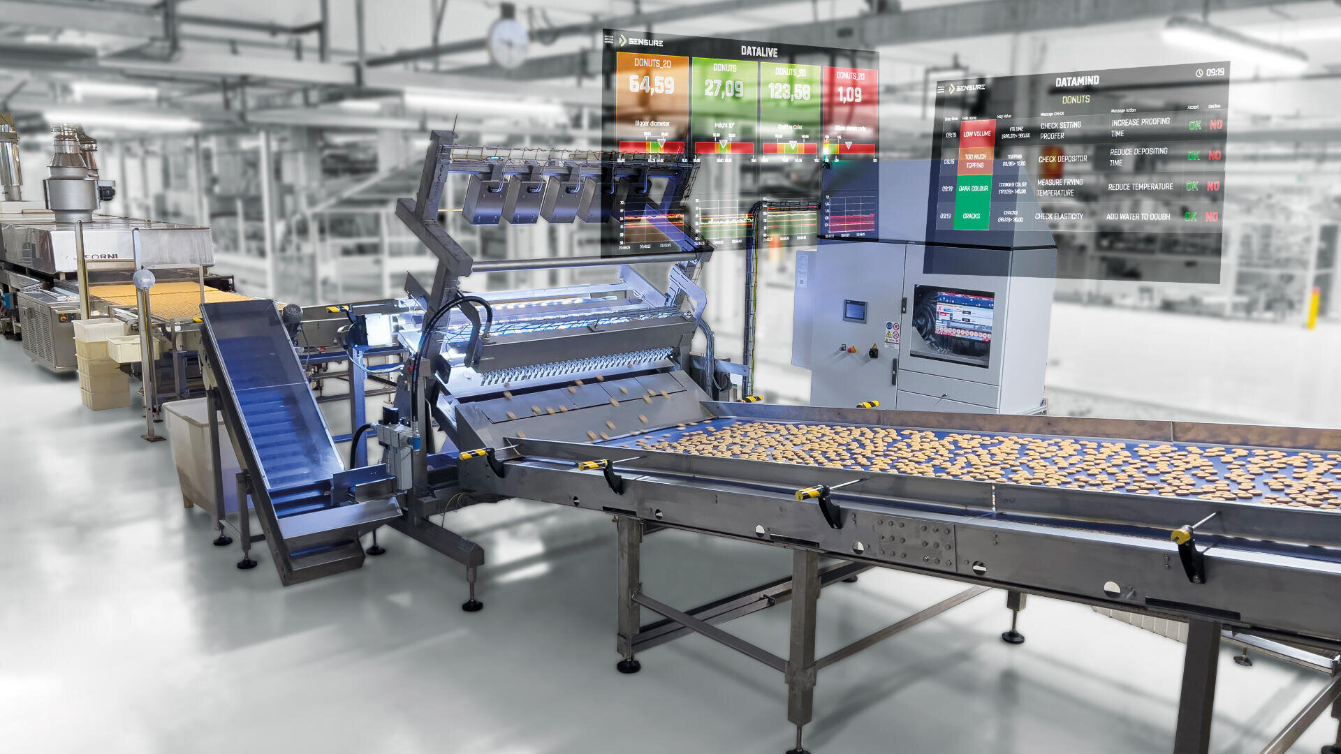 A modern food processing factory with automated conveyor belts moving cookies, machinery, digital screens, and production data overlays displayed in the background.