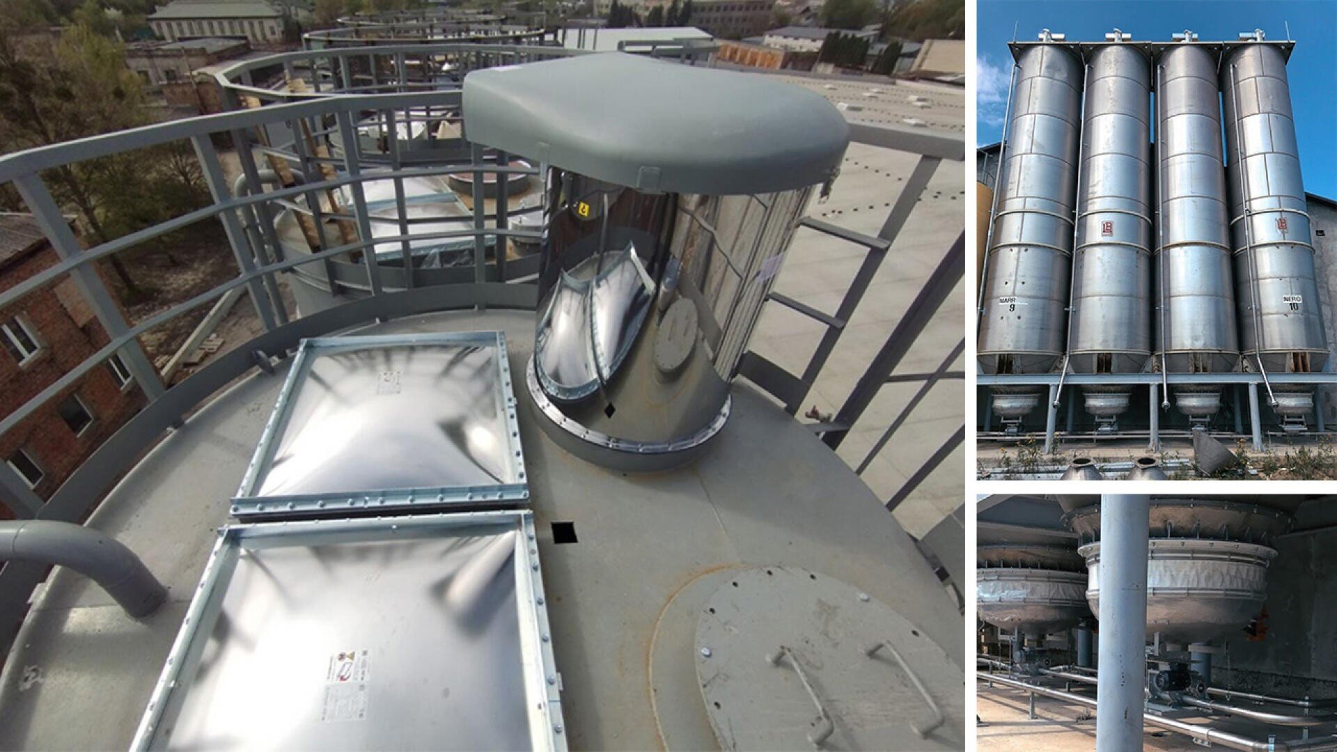 A collage shows industrial storage silos: the left image displays the top view of a silo with metal railings and hatches; the right images show the silos’ exterior and their structural bases.