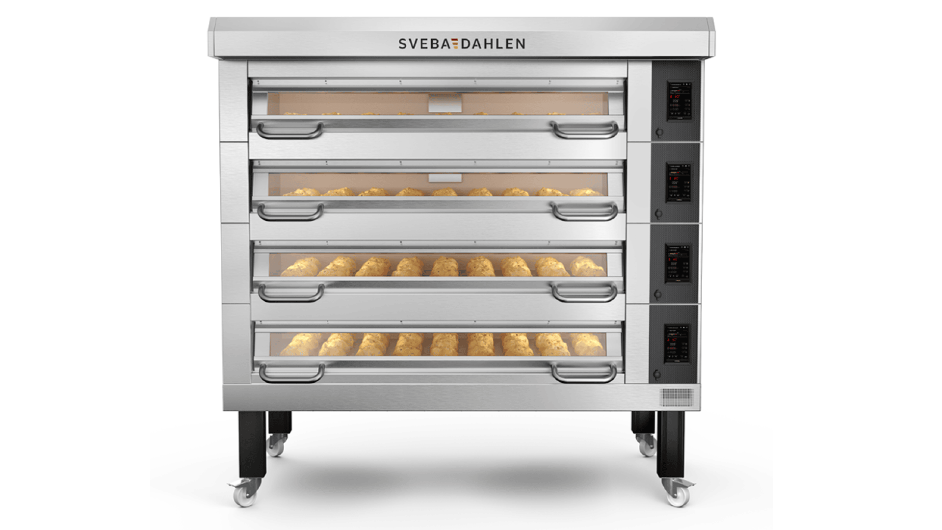 A stainless steel commercial oven labeled Sveba Dahlen with four transparent doors, each showing trays of bread rolls baking inside. Digital controls are visible on the right side of each baking chamber.