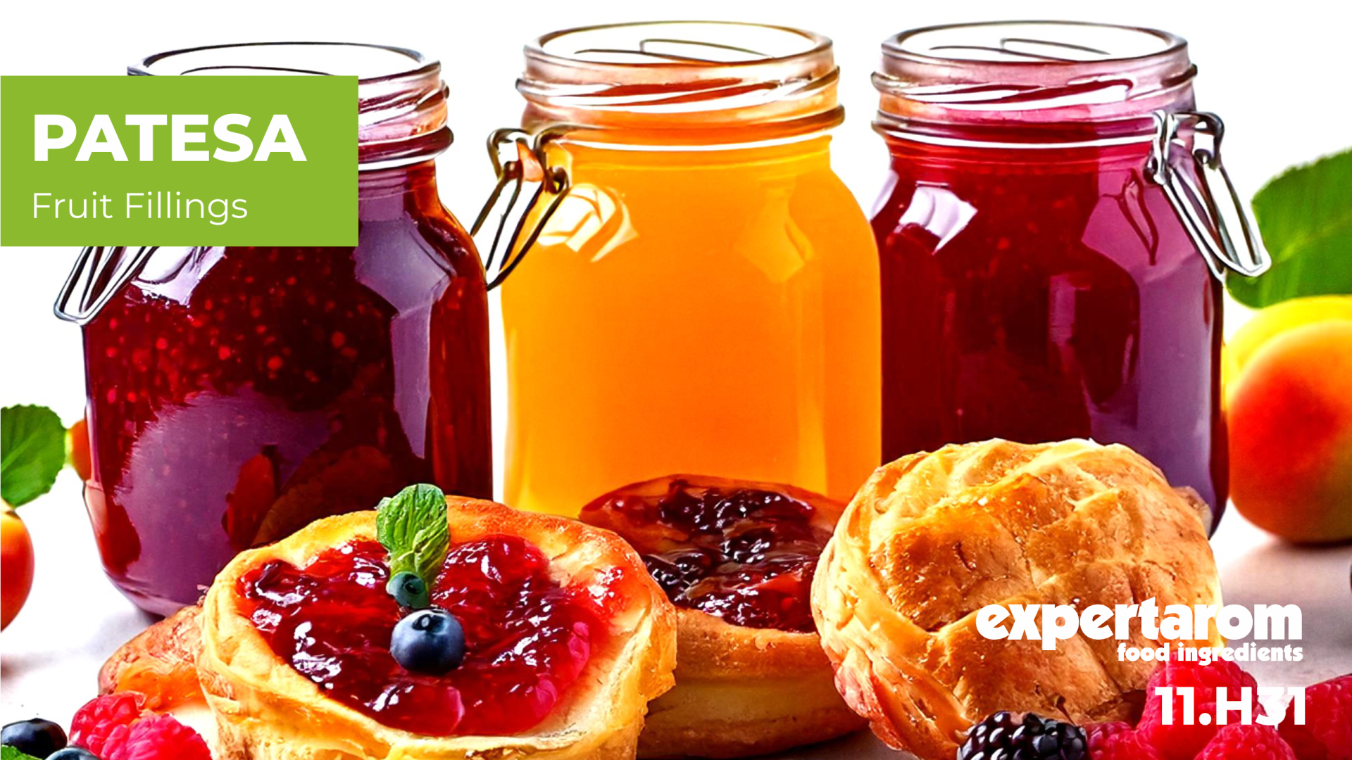 Three glass jars filled with red and orange fruit jams sit behind pastries topped with fruit filling and berries. The green label reads PATESA Fruit Fillings. The expertaam food ingredients logo is at the bottom right.