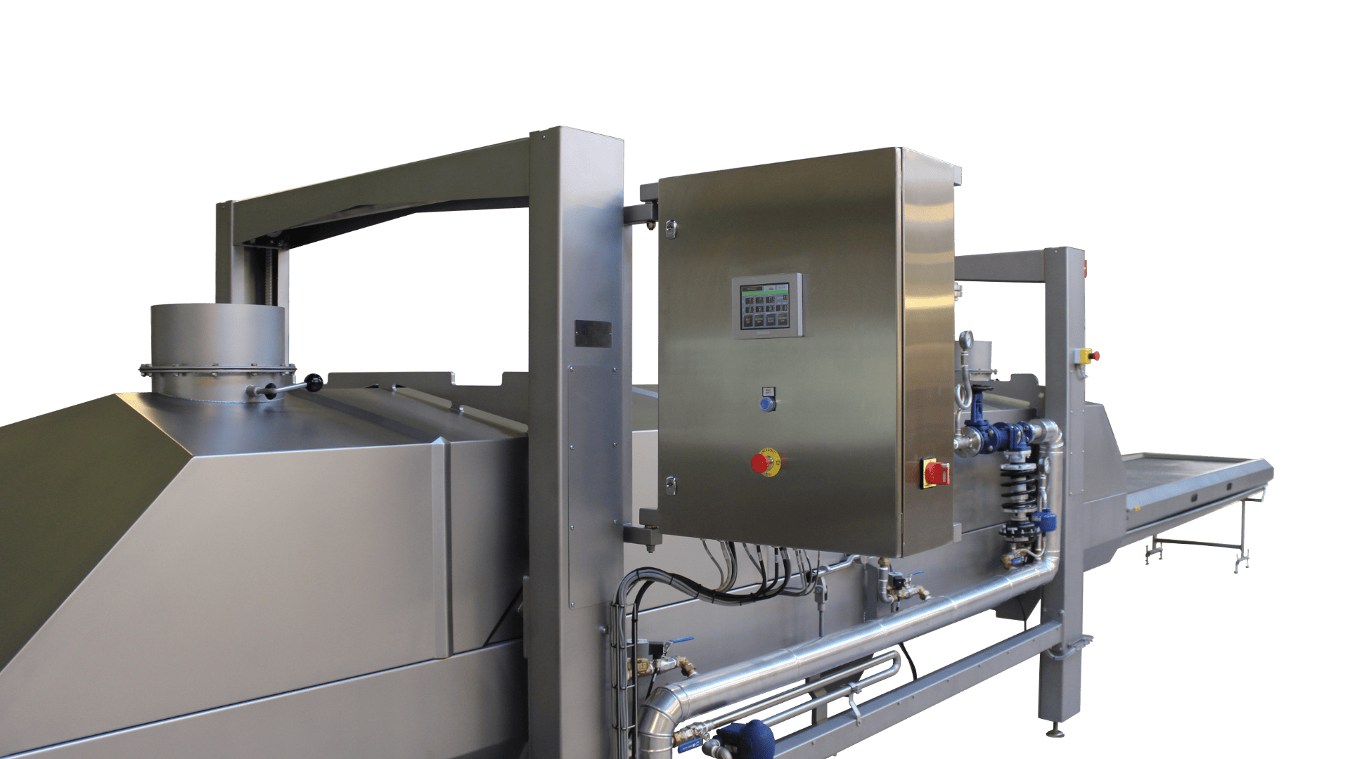 Industrielle Lebensmittelverarbeitungsmaschine aus rostfreiem Stahl mit Bedienfeld, Rohren und Fördersystem, isoliert auf einem transparenten Hintergrund.