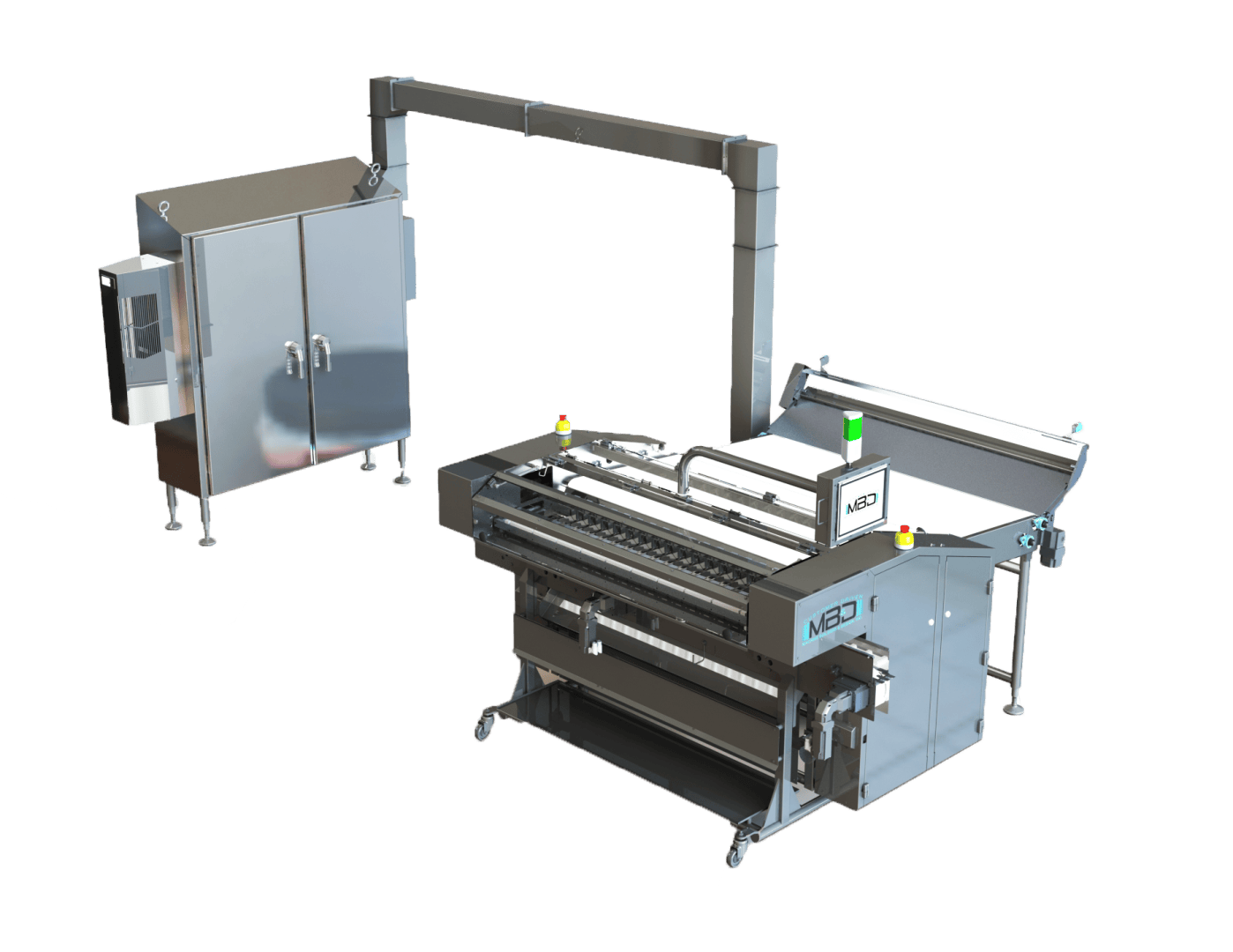 Industrial food processing machine setup with a central stainless steel conveyor unit, control panel, safety barriers, warning lights, and an overhead pipe connected to a separate cabinet enclosure on the left.