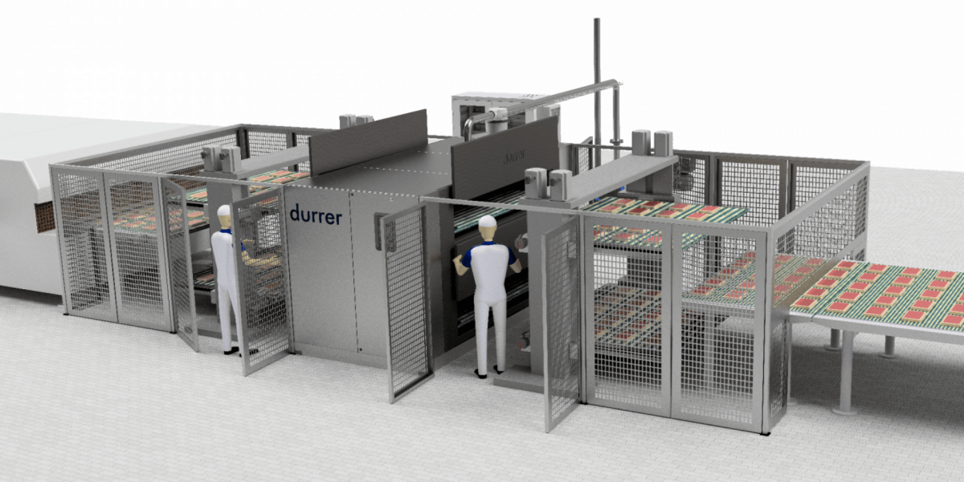 Ein 3D-gerendertes Bild zeigt zwei Arbeiter, die eine große Industriemaschine mit der Aufschrift durrer bedienen und Bleche mit roten und grünen Mustern innerhalb eines umzäunten Bereichs bearbeiten, der der Sicherheit dient.