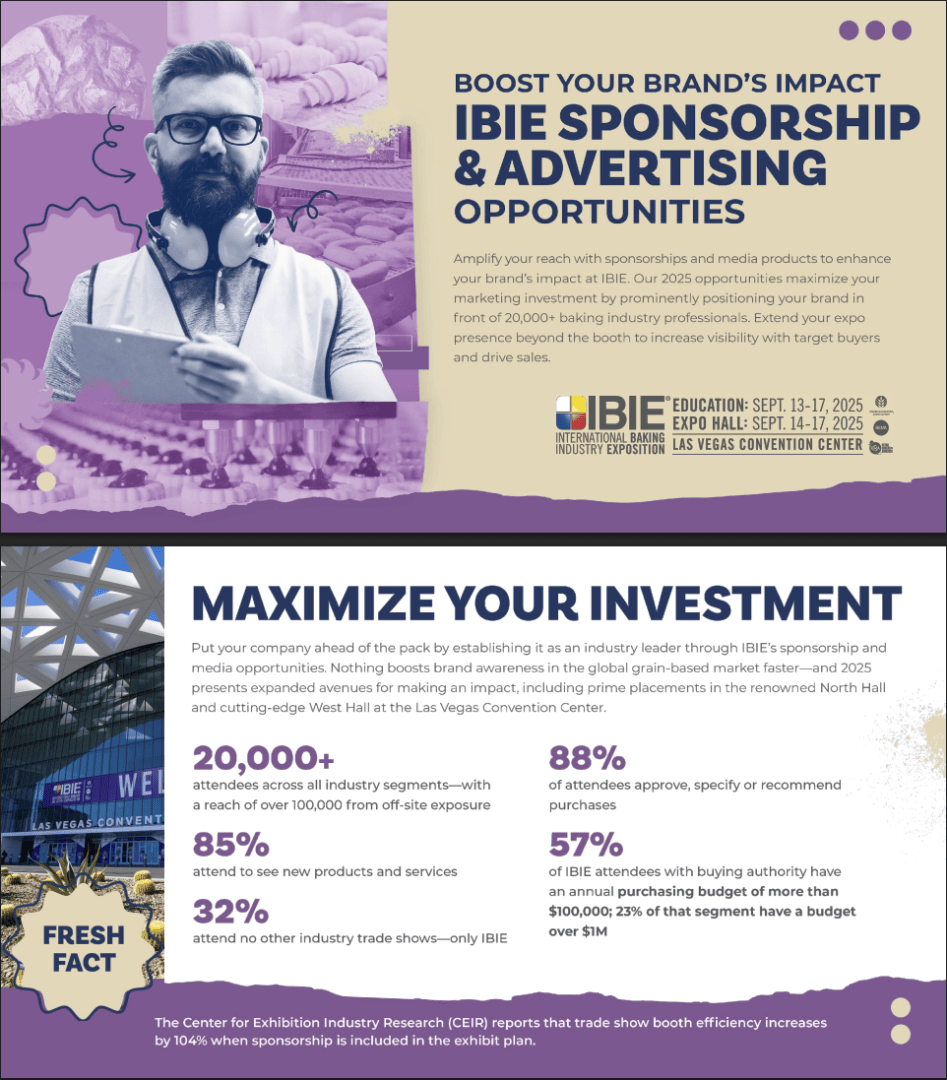 A promotional flyer for IBIE 2025 sponsorships. The top features a bearded man in glasses beside event details and a gold banner. The bottom highlights sponsorship benefits with photos of an expo hall and blue, gold, and white text.