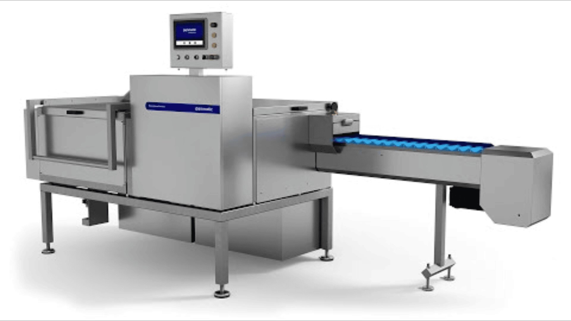 Eine industrielle Lebensmittelverarbeitungsmaschine aus rostfreiem Stahl mit einem Bedienfeld und einem blauen Förderband, die für die automatische Inspektion oder Verpackung in einer Fabrikumgebung konzipiert ist.