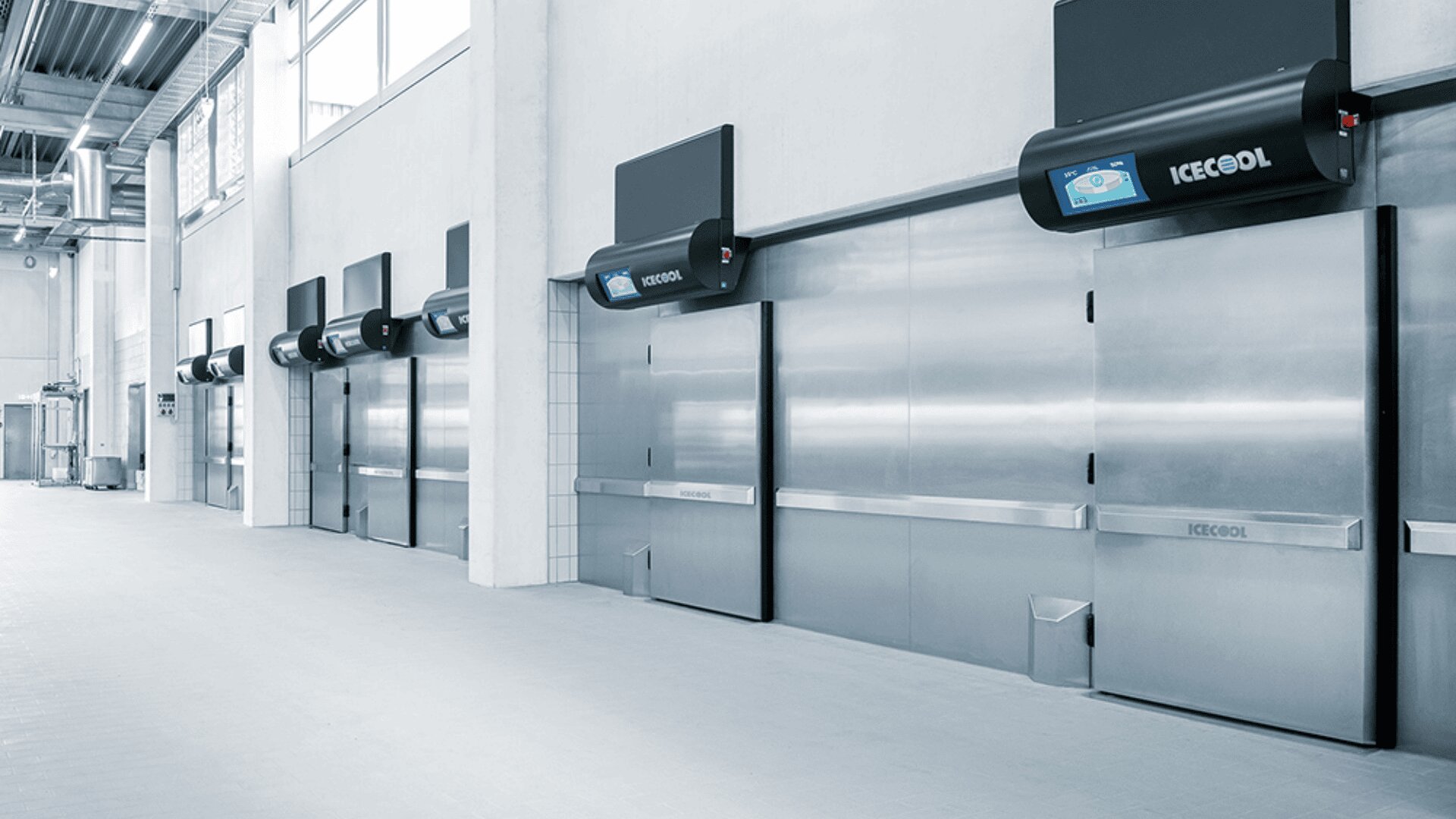 A row of large, stainless steel industrial refrigeration or freezer doors line a clean, brightly lit corridor in a commercial facility. Each unit has a digital control panel above the door.