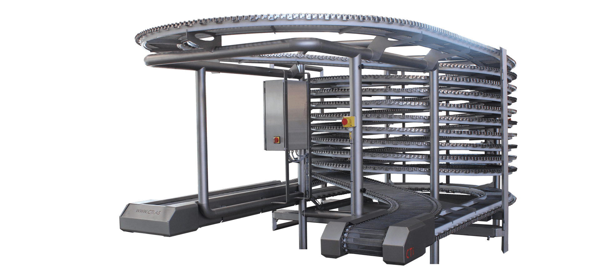 A large, industrial spiral conveyor system made of metal, featuring multiple spiraling conveyor belts supported by a sturdy frame. The machinery is clean and modern, with control panels and cables visible.