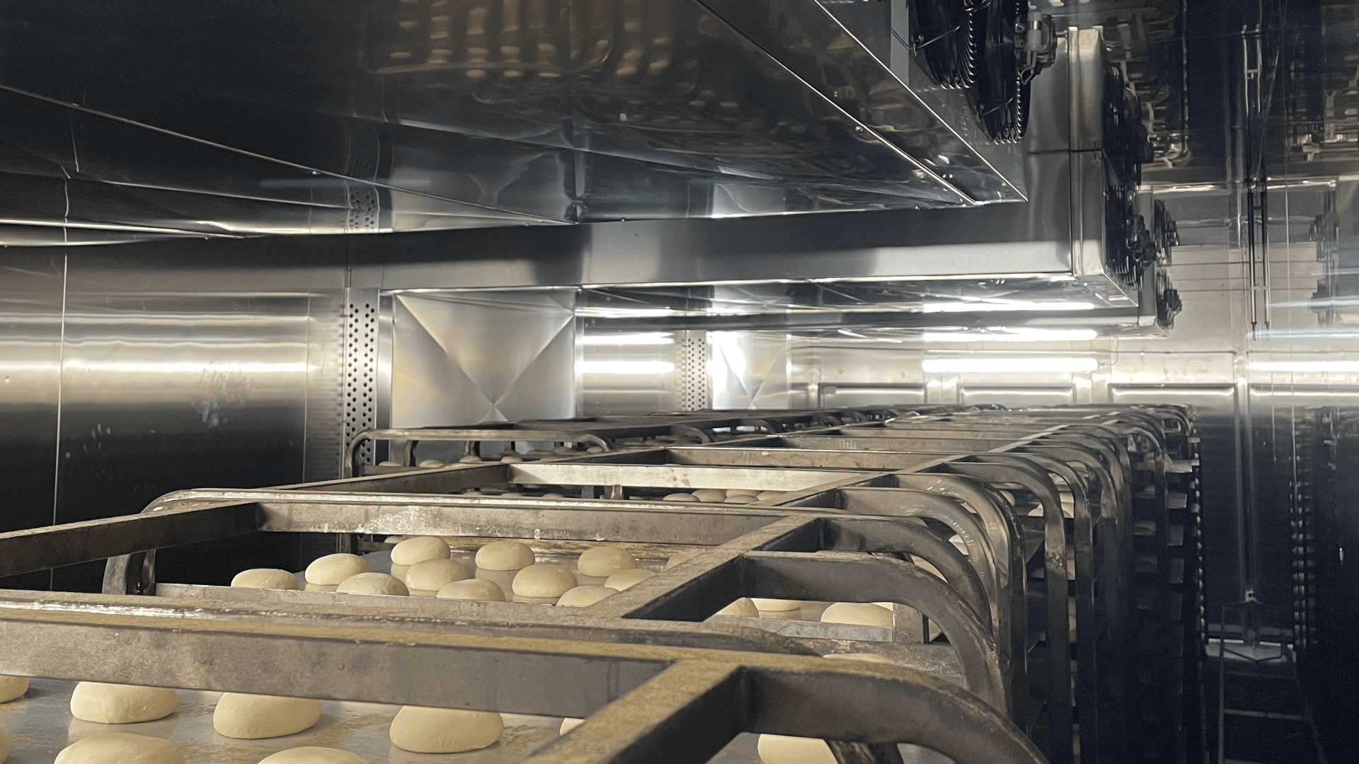 Rows of metal racks hold trays of round dough balls inside a large, industrial stainless steel bakery proofing or fermentation chamber, illuminated by bright overhead lights.