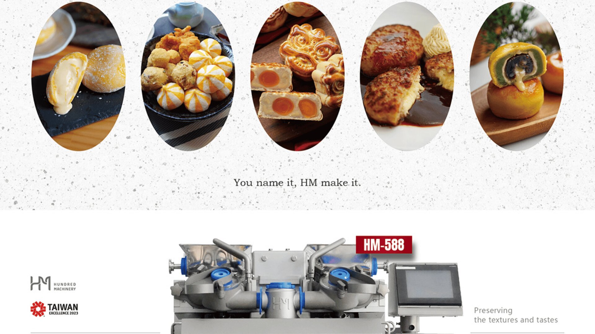 Five oval images display various pastries and baked goods above text that reads, You name it, HM make it. Below, an industrial bakery machine (model HM-588) with controls and branding is shown.