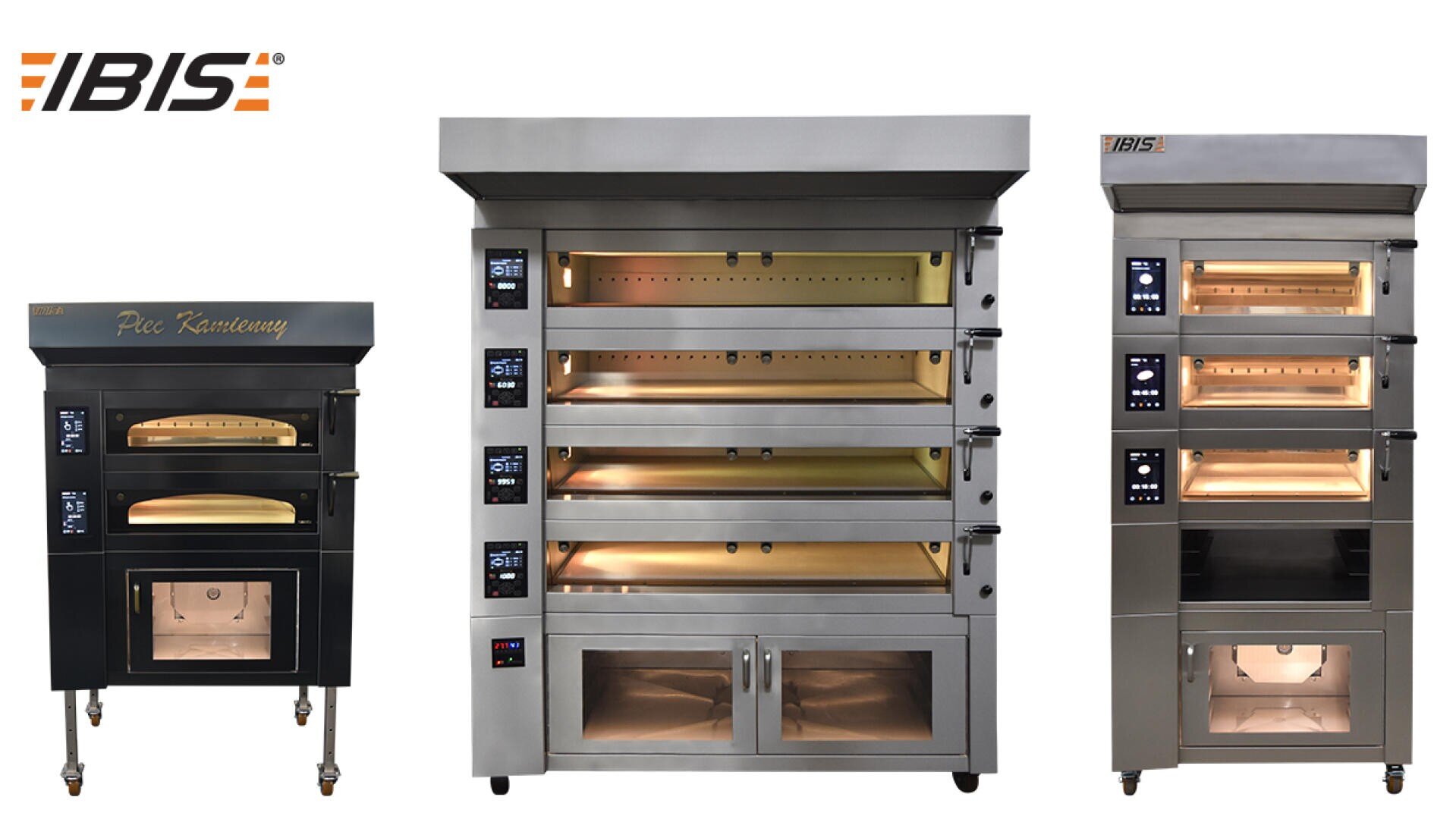 Three commercial ovens of varying sizes and designs are displayed side by side on a white background with the IBIS logo in the top left corner. Each oven features digital controls and glass-fronted doors.