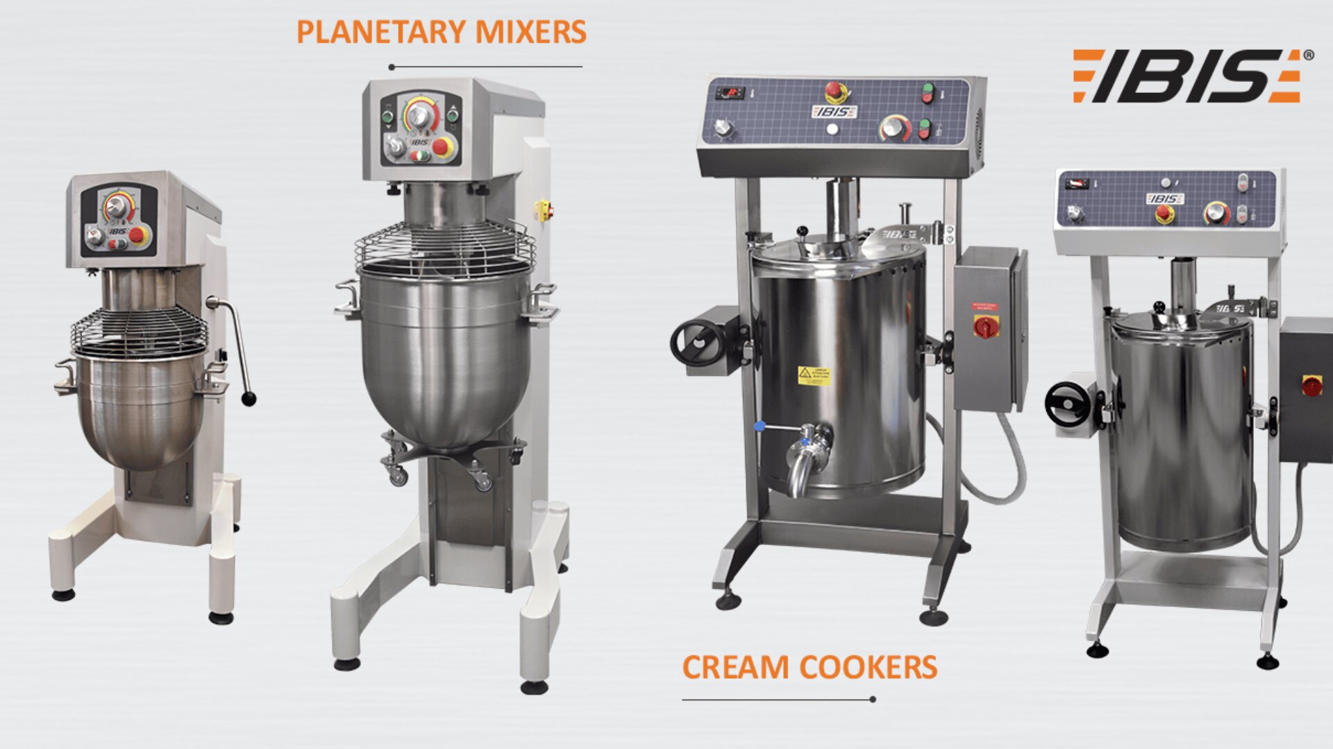 Three large stainless steel planetary mixers and two cream cookers with control panels are displayed on a white background. The IBIS logo is in the top right corner, with product categories labeled above the machines.