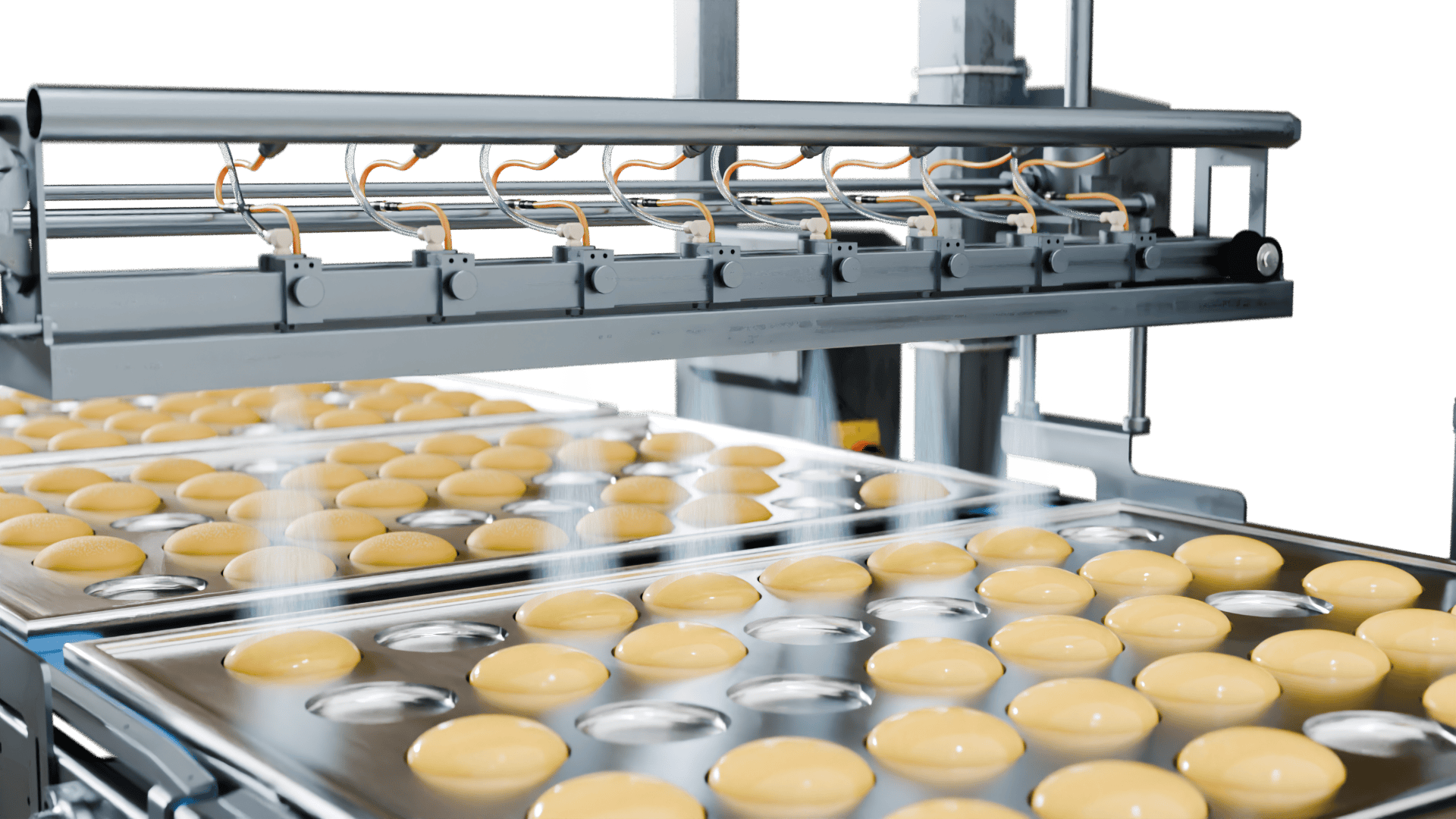 Rows of round dough pieces on metal trays move through an automated baking machine in a factory setting, ready for further processing or baking.