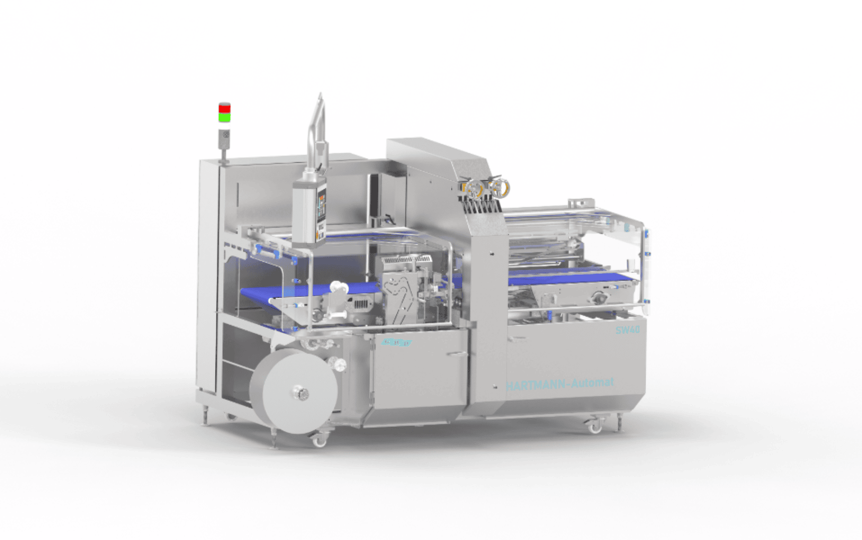 Eine industrielle Verpackungsmaschine aus Edelstahl mit blauen Förderbändern, Schutzglasplatten, Bedientasten und einer Signalleuchte oben, die für die automatisierte Lebensmittelverarbeitung oder -verpackung konzipiert ist.